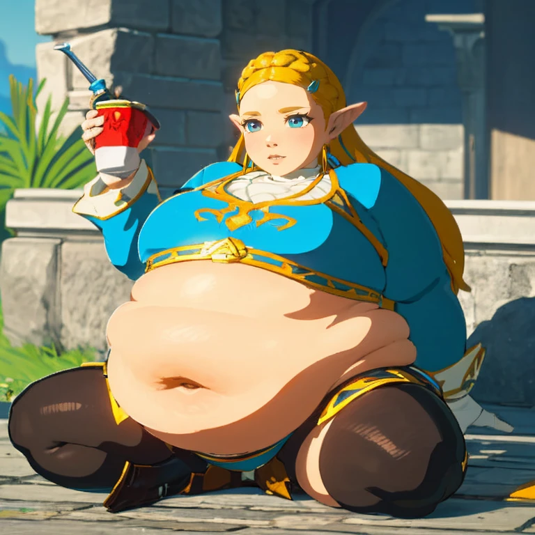 best quality, high rating, correct anatomy, uhd, high resolution, (hyper detailed), flawless, detailed, c.cu(artist), blushyspicy(artist), spellsx(artist), kipteitei(artist),(Perfect Face), 
(Zelda((Brearh_of_the_Wild))), 1girl, long hair,blonde hair, braids in hair ,earrings, elf ears, blue eyes, blue tunic with golden accents, leather gloves, black tights, leather boots, ((belly in blue tunic, exposed belly)),


1girl, cute face, horny, embarrassed, detailed eyes,

enormous belly, fat belly, thicc, bigger belly, really big belly, jiggly belly, giant huge belly, big enormous belly, ((((gigantic belly)))), bloated belly, fat belly, ginormous big belly, expanding big belly, ((holding her bbelly with her hands)), deep navel:1.4, navel outline, sitting on the ground, immoble, spread legs, obese belly between legs, botw style, long sleeves 