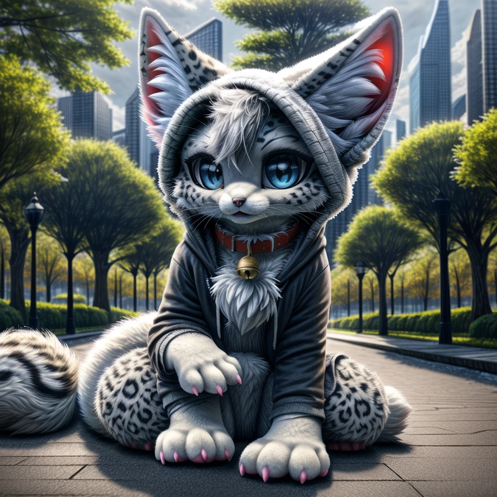 male feral snow leopard fennec fox hybrid, cute feline face, fennec fox paws, leopard fur, white fur, cat collar with a bell, black hoodie with the hood over head and the ears poking through bright yellow eyes, white claws, in a city park, photorealistic, 8k, highly detailed, realistic fur, detailed facial features, beautiful blue eyes, extremely detailed, sharp focus, studio lighting, vibrant colors, warm lighting, intricate details, cinematic composition, depth of field, city park backdrop, lush greenery, detailed architecture, cobblestone path, overcast sky, atmospheric lighting