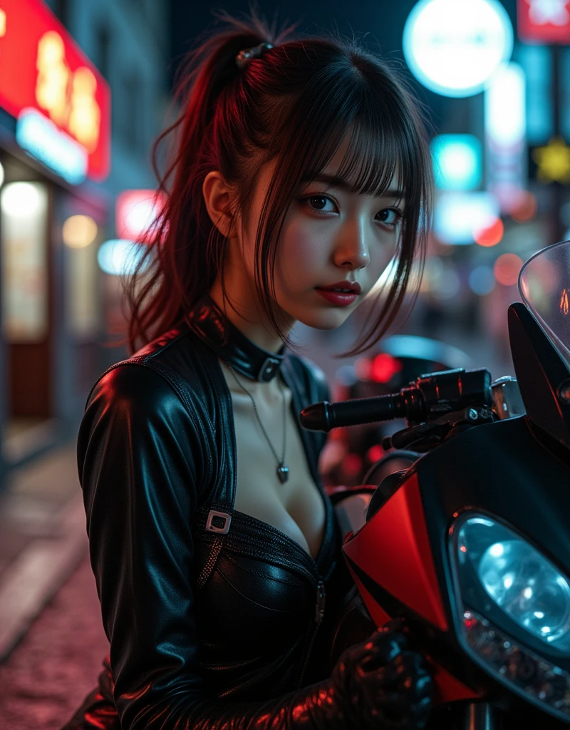 (beautiful Japanese idol), Riding on a super cool sport motorcycle, at highway in metropolitan at night, high speed, dramatic scene, masterpiece, (face focus:1.3), clear helmet visor, beautiful eyes, Honda bike, Shoei helmet, (wearing cute idol stage costume), (shoot from side)