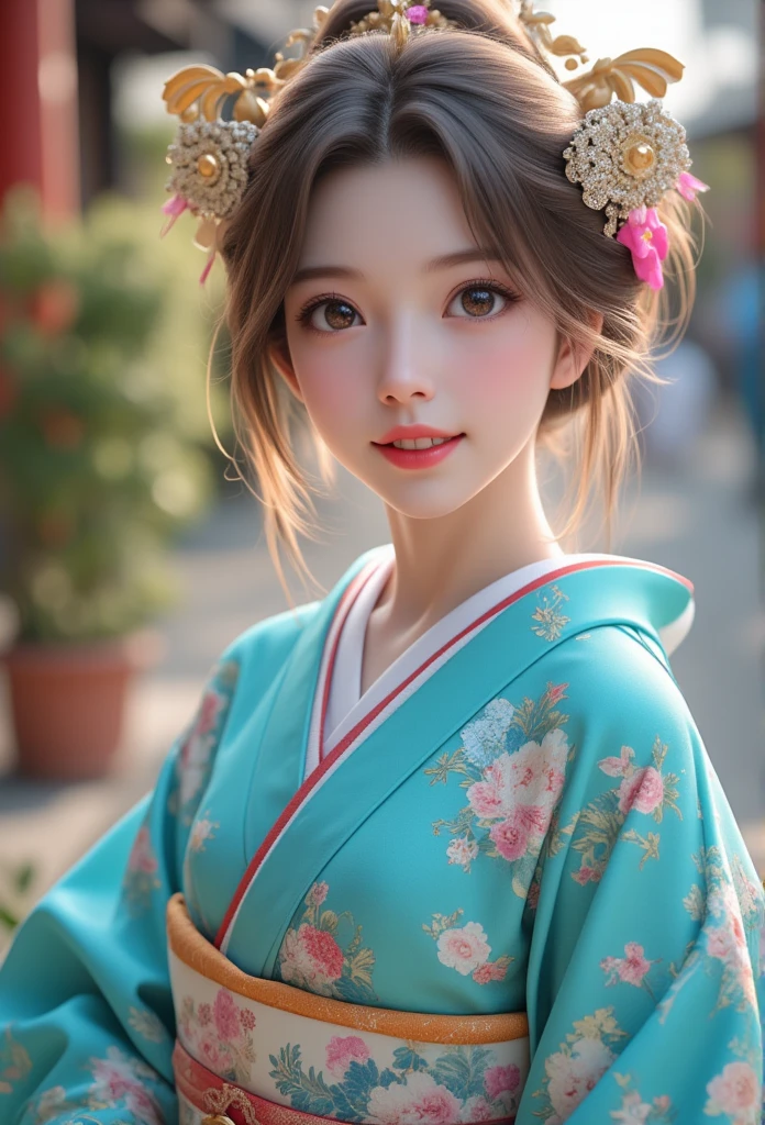 (super cute young face:1.4),(sparkling clear attractive large glowing eyes:1.3), (japanese idol face:1.4),very beautiful cute girl,(baby face:1.4),(fifteen years old:1.3),exquisite smooth and silky brown hair,fair skin,(happy cheerful smile),professional portrait,
(gorgeous flamboyantly turquoise-colored apprentice geisha costume :1.3), (apprentice geisha costume :1.3) ,(very beautiful kimono:1.2) ,happy cheerful smile,body shot,in the street