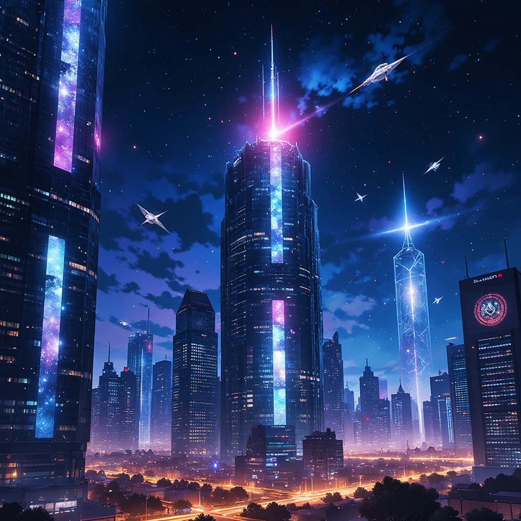 A futuristic cityscape at night, with towering skyscrapers made of ...
