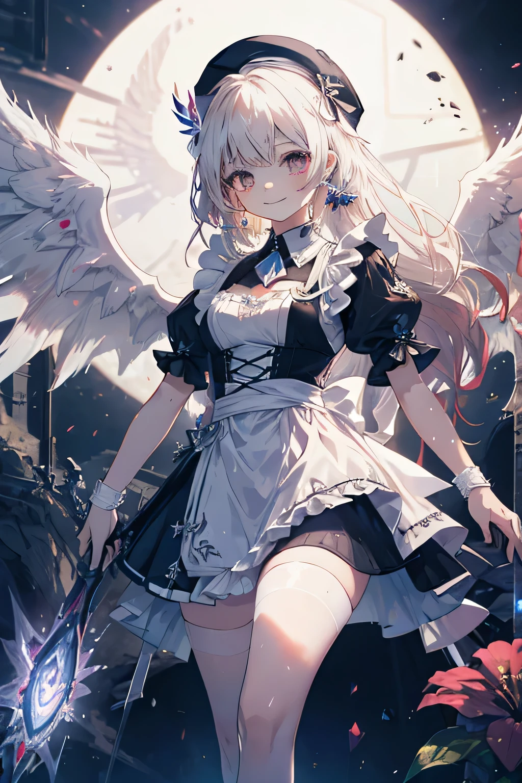 Maid without a headdress girl smiling , dentro de un MMORPG, Arm,  unknown background(MMORPG), Enemies, complete anatomy,white beret, angel wings, 3D,  ornament of an accessory shaped like a flower on her head, aura, graphic effects
