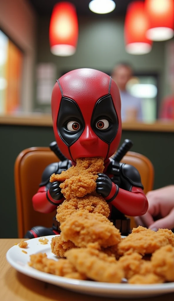 "Mini Deadpool with the body of an  , wearing his signature red-black costume that appears oversized and slightly baggy. He's sitting in a fast-food restaurant chair with his legs swinging, not reaching the floor. In front of him is a mountain of crispy fried chicken still steaming hot. With typical like enthusiasm, he devours the fried chicken while wearing his mask slightly lifted at the mouth area. Fried chicken crumbs are scattered around the table, while his tiny hands grip a chicken leg that's almost as big as his arm. The wide-eyed expression of Deadpool's costume shows excitement like a  who just got a new toy."

This prompt combines Deadpool's comedic character with like innocence, creating a funny and adorable contrast as he enjoys his favorite fried chicken.