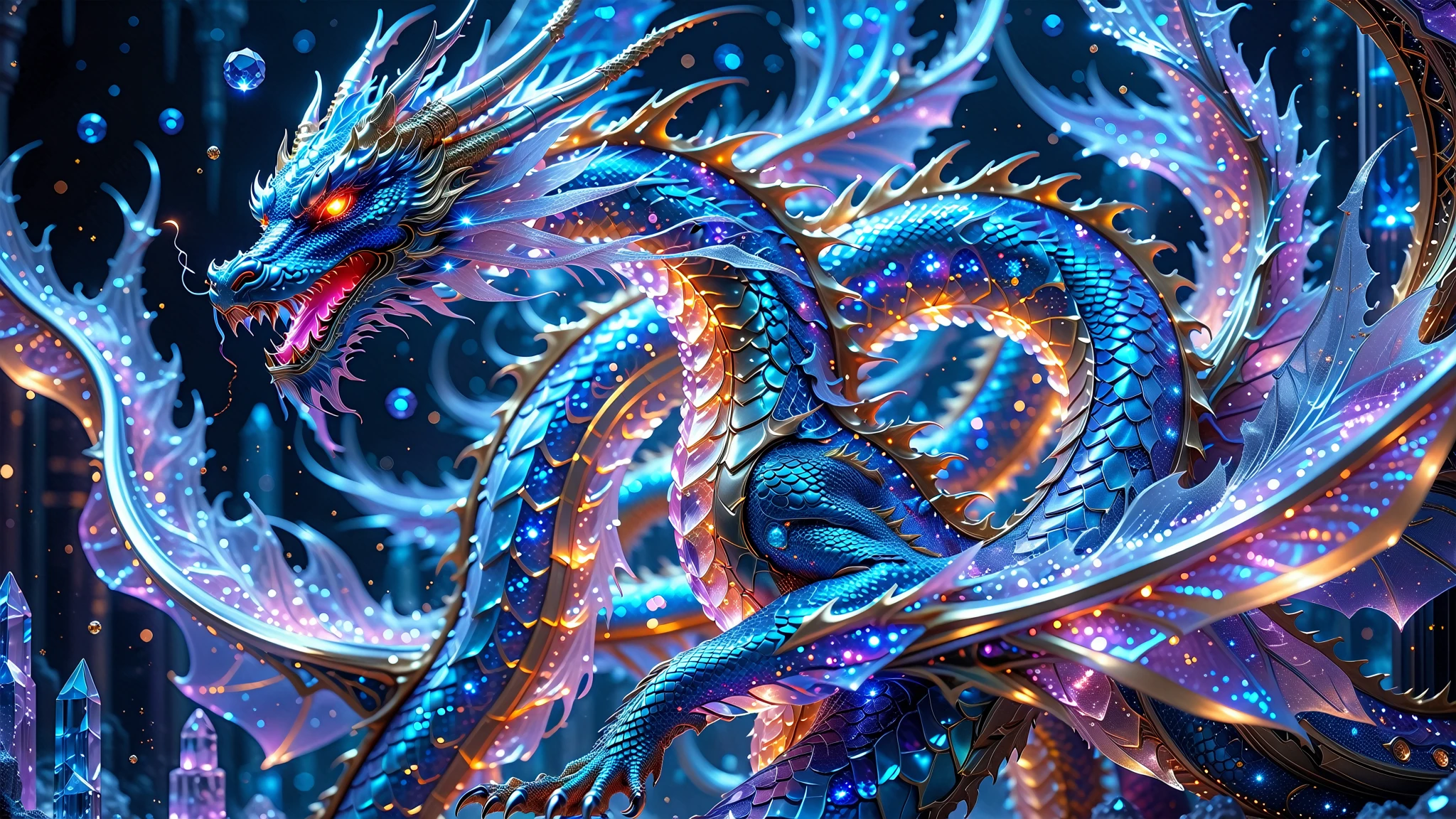 A Masterpiece In 32K Resolution, Supreme Quality, Super Detail, Official Art, Very High-Resolution 32K Wallpaper, Beautiful And Aesthetic, Ultra-Detailed Features, Awe-Inspiring Detail. A Celestial Dragon With Scales That Shimmer Like Sapphires Weaves Through A Sky Of Crystal Spires And Silver Bridges. Its Body Glows With An Otherworldly Energy, Illuminating The Sleek Buildings Below. The Dragon Ethereal Presence Contrasts Beautifully With The City’s Hard Angles And Metallic Hues, Adding A Sense Of Mystery To The Futuristic Scene.