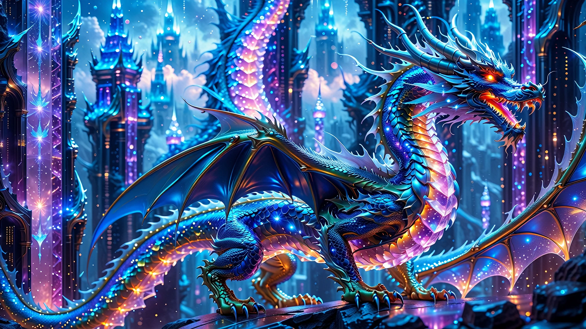 A Masterpiece In 32K Resolution, Supreme Quality, Super Detail, Official Art, Very High-Resolution 32K Wallpaper, Beautiful And Aesthetic, Ultra-Detailed Features, Awe-Inspiring Detail. A Celestial Dragon With Scales That Shimmer Like Sapphires Weaves Through A Sky Of Crystal Spires And Silver Bridges. Its Body Glows With An Otherworldly Energy, Illuminating The Sleek Buildings Below. The Dragon Ethereal Presence Contrasts Beautifully With The City’s Hard Angles And Metallic Hues, Adding A Sense Of Mystery To The Futuristic Scene.