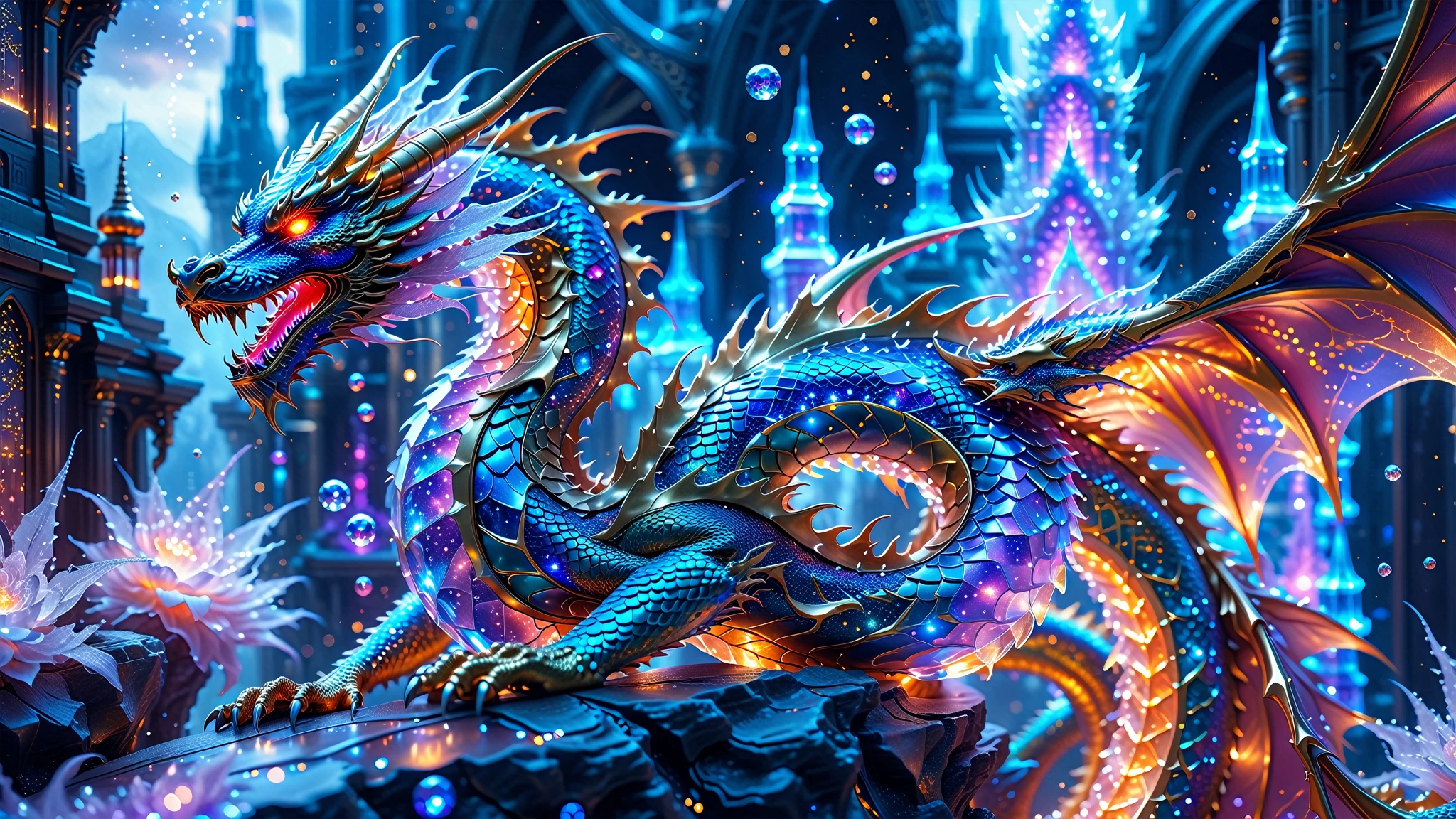 A Masterpiece In 32K Resolution, Supreme Quality, Super Detail, Official Art, Very High-Resolution 32K Wallpaper, Beautiful And Aesthetic, Ultra-Detailed Features, Awe-Inspiring Detail. A Celestial Dragon With Scales That Shimmer Like Sapphires Weaves Through A Sky Of Crystal Spires And Silver Bridges. Its Body Glows With An Otherworldly Energy, Illuminating The Sleek Buildings Below. The Dragon Ethereal Presence Contrasts Beautifully With The City’s Hard Angles And Metallic Hues, Adding A Sense Of Mystery To The Futuristic Scene.