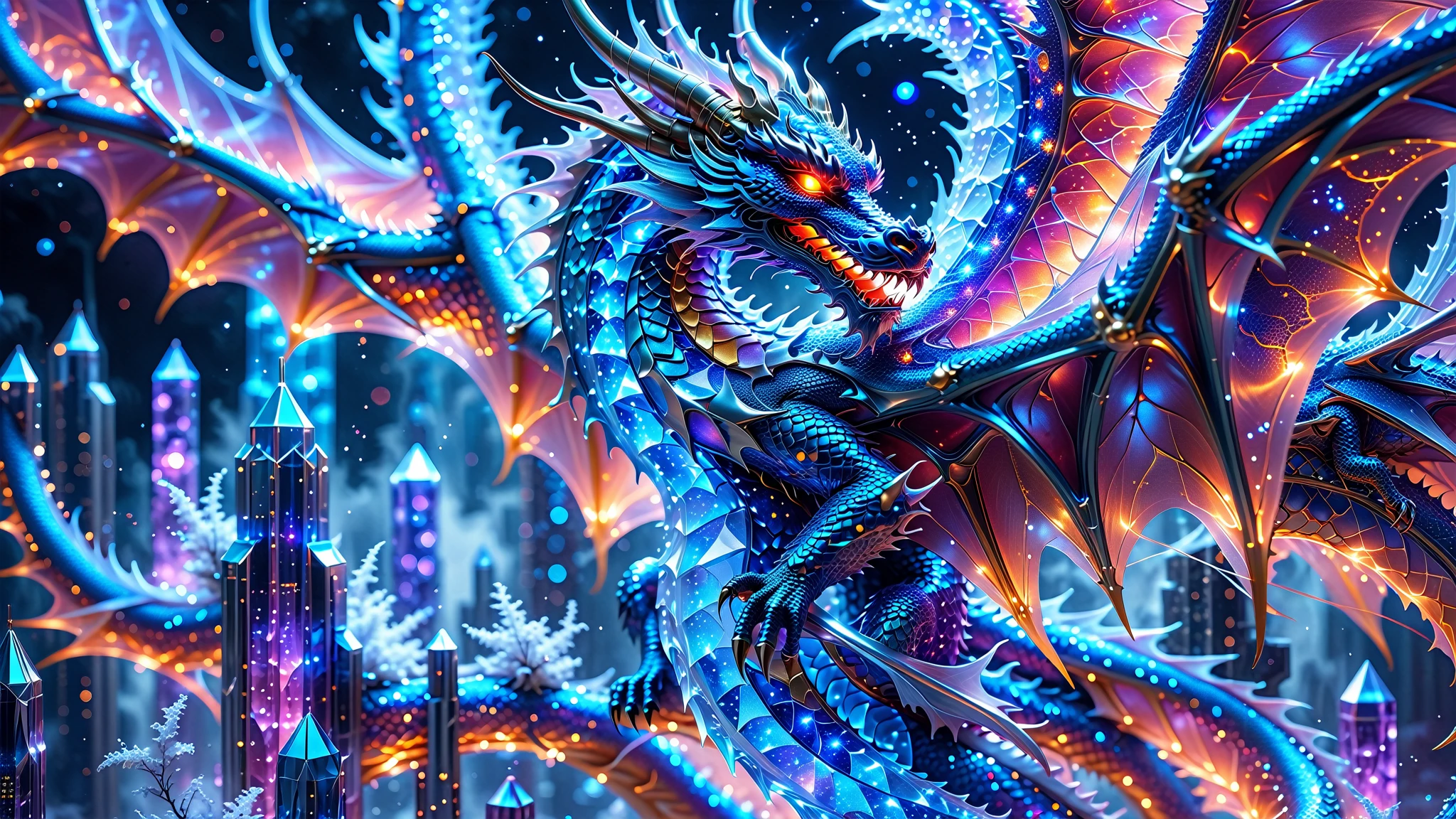 A Masterpiece In 32K Resolution, Supreme Quality, Super Detail, Official Art, Very High-Resolution 32K Wallpaper, Beautiful And Aesthetic, Ultra-Detailed Features, Awe-Inspiring Detail. A Celestial Dragon With Scales That Shimmer Like Sapphires Weaves Through A Sky Of Crystal Spires And Silver Bridges. Its Body Glows With An Otherworldly Energy, Illuminating The Sleek Buildings Below. The Dragon Ethereal Presence Contrasts Beautifully With The City’s Hard Angles And Metallic Hues, Adding A Sense Of Mystery To The Futuristic Scene.