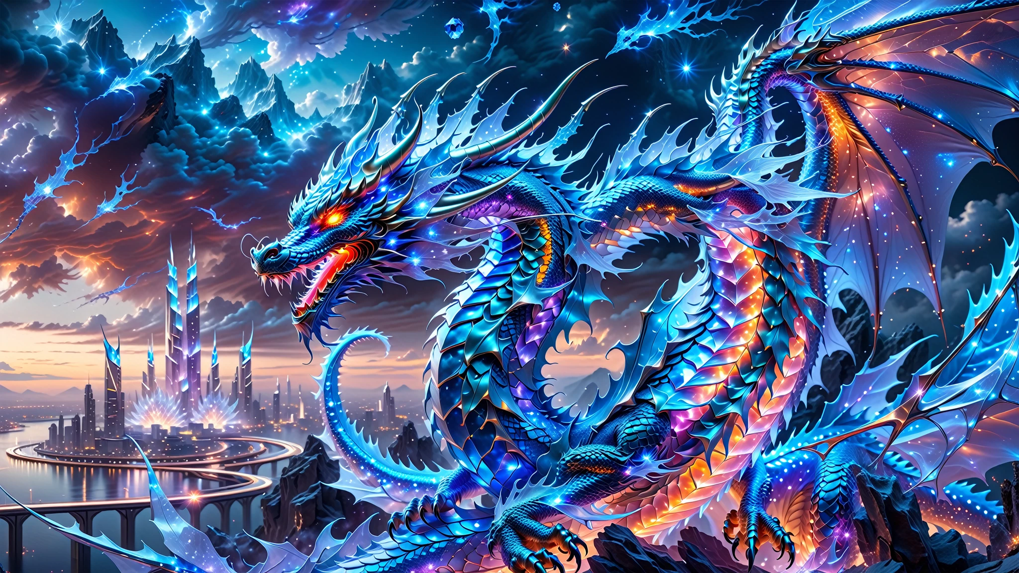 A Masterpiece In 32K Resolution, Supreme Quality, Super Detail, Official Art, Very High-Resolution 32K Wallpaper, Beautiful And Aesthetic, Ultra-Detailed Features, Awe-Inspiring Detail. A Celestial Dragon With Scales That Shimmer Like Sapphires Weaves Through A Sky Of Crystal Spires And Silver Bridges. Its Body Glows With An Otherworldly Energy, Illuminating The Sleek Buildings Below. The Dragon Ethereal Presence Contrasts Beautifully With The City’s Hard Angles And Metallic Hues, Adding A Sense Of Mystery To The Futuristic Scene.