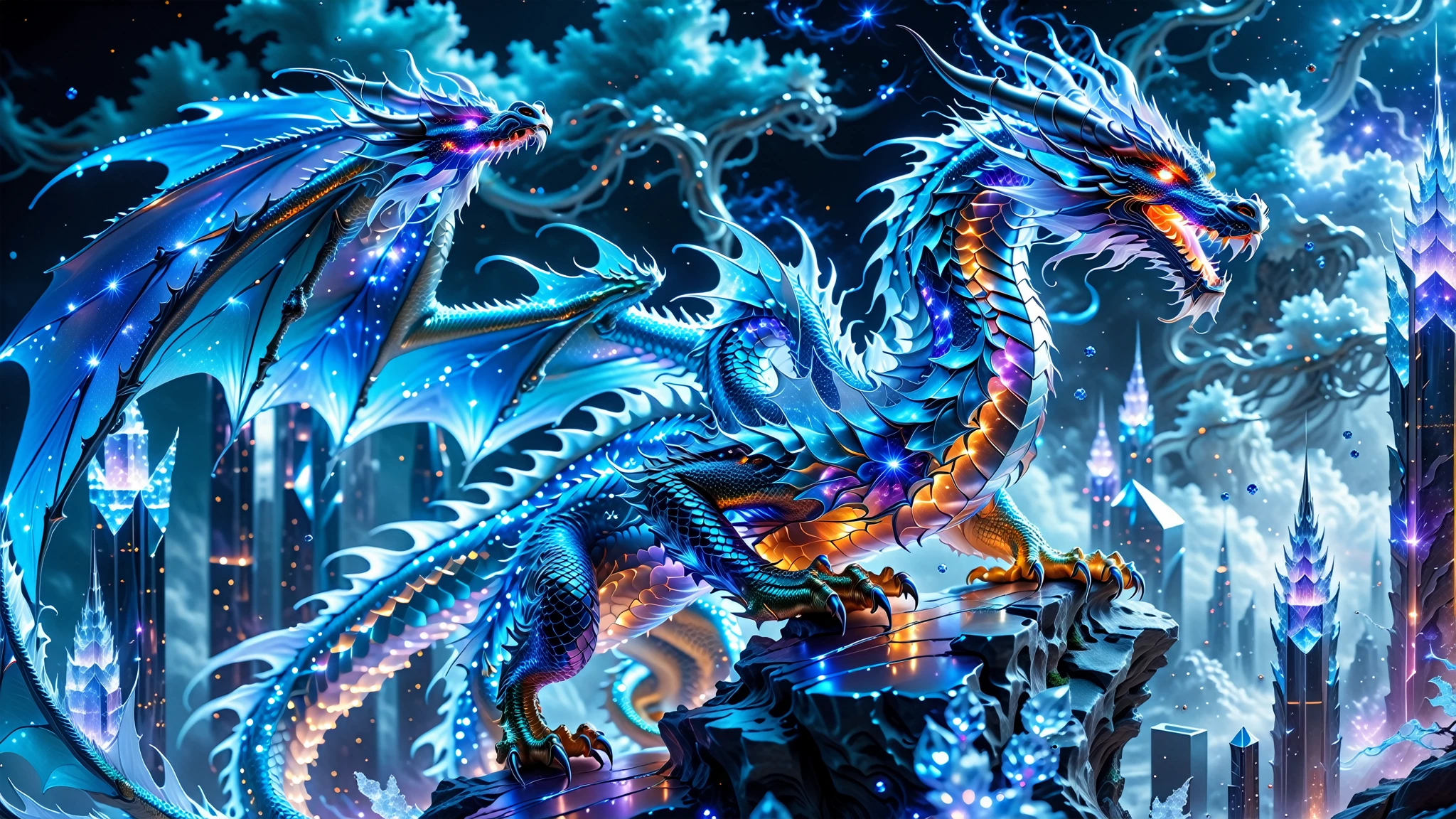 A Masterpiece In 32K Resolution, Supreme Quality, Super Detail, Official Art, Very High-Resolution 32K Wallpaper, Beautiful And Aesthetic, Ultra-Detailed Features, Awe-Inspiring Detail. A Celestial Dragon With Scales That Shimmer Like Sapphires Weaves Through A Sky Of Crystal Spires And Silver Bridges. Its Body Glows With An Otherworldly Energy, Illuminating The Sleek Buildings Below. The Dragon Ethereal Presence Contrasts Beautifully With The City’s Hard Angles And Metallic Hues, Adding A Sense Of Mystery To The Futuristic Scene.