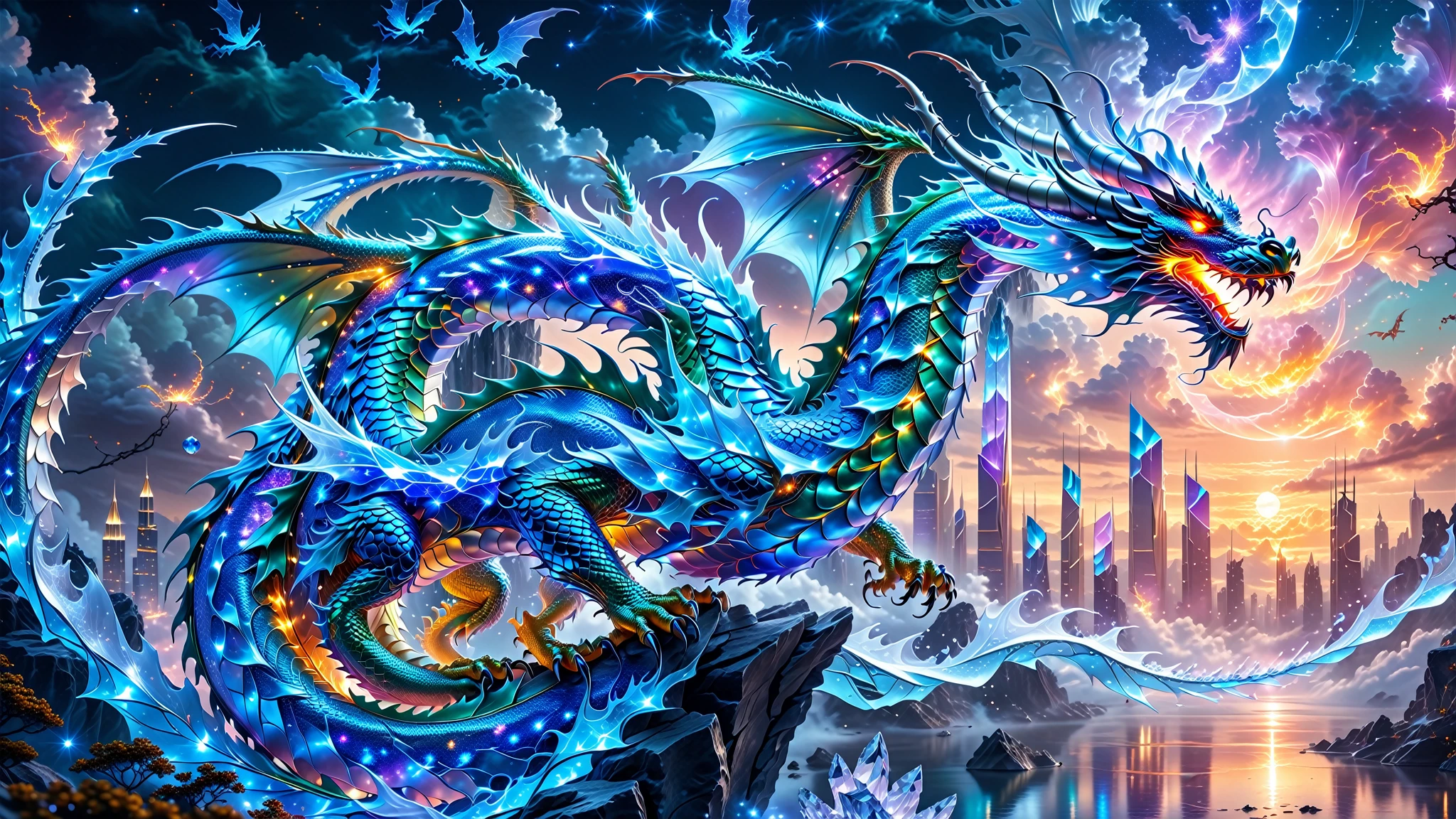 A Masterpiece In 32K Resolution, Supreme Quality, Super Detail, Official Art, Very High-Resolution 32K Wallpaper, Beautiful And Aesthetic, Ultra-Detailed Features, Awe-Inspiring Detail. A Celestial Dragon With Scales That Shimmer Like Sapphires Weaves Through A Sky Of Crystal Spires And Silver Bridges. Its Body Glows With An Otherworldly Energy, Illuminating The Sleek Buildings Below. The Dragon Ethereal Presence Contrasts Beautifully With The City’s Hard Angles And Metallic Hues, Adding A Sense Of Mystery To The Futuristic Scene.