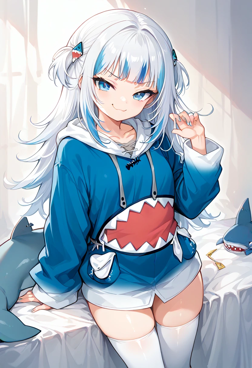 guragura,gawr gura,white hair,blue hoodie,shark hoodie,(smug expression:1.3),sonrojada,tetas grandes,muslos grandes,thighhighs,sfw