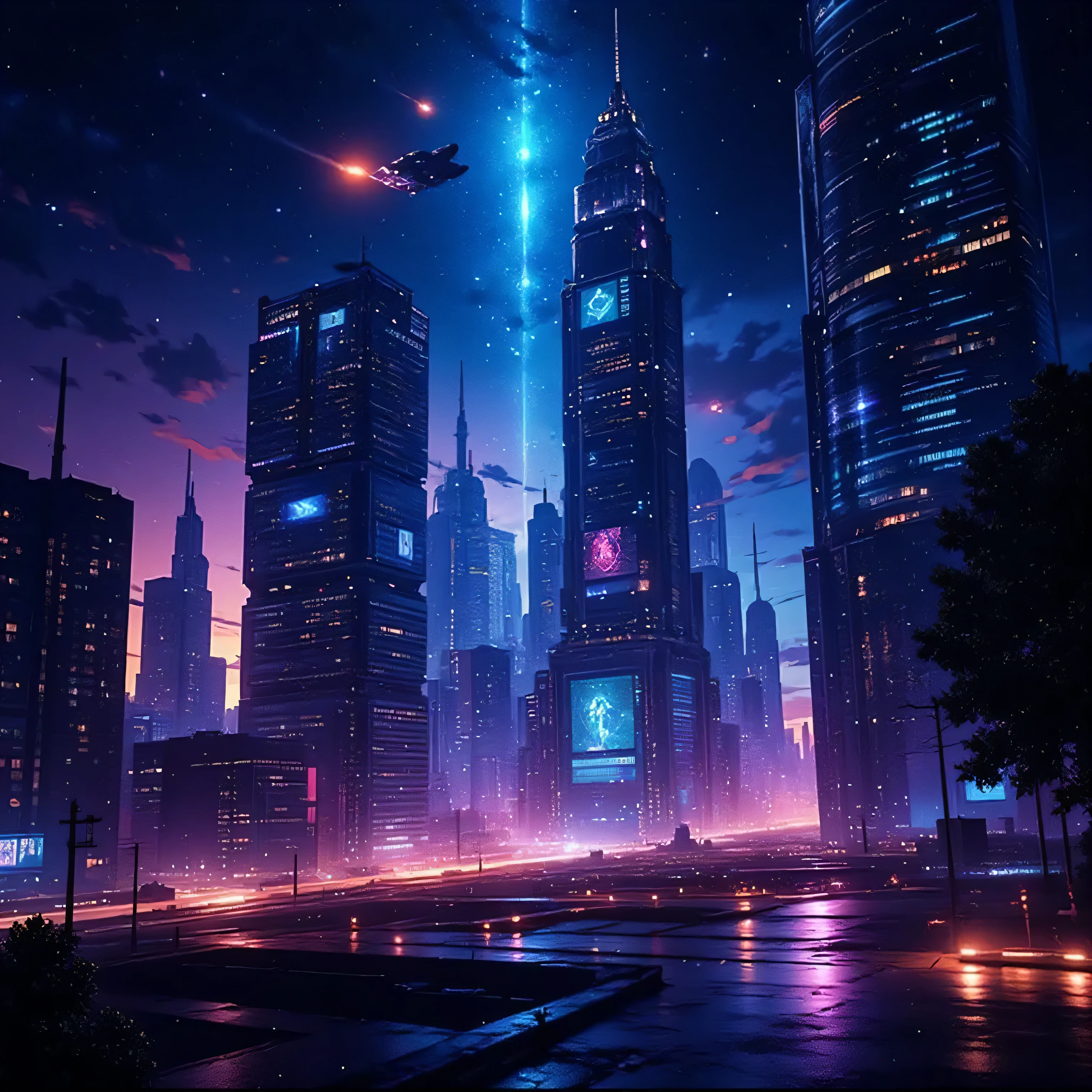 A futuristic cityscape at night, with towering skyscrapers made of glass and metal reflecting vibrant neon lights. Flying vehicles soar between the buildings, and holographic advertisements glow in the sky. The streets below are bustling with life, illuminated by the glow of advanced technology. The scene combines elements of cyberpunk and high-tech utopia, with a deep sense of scale and wonder.