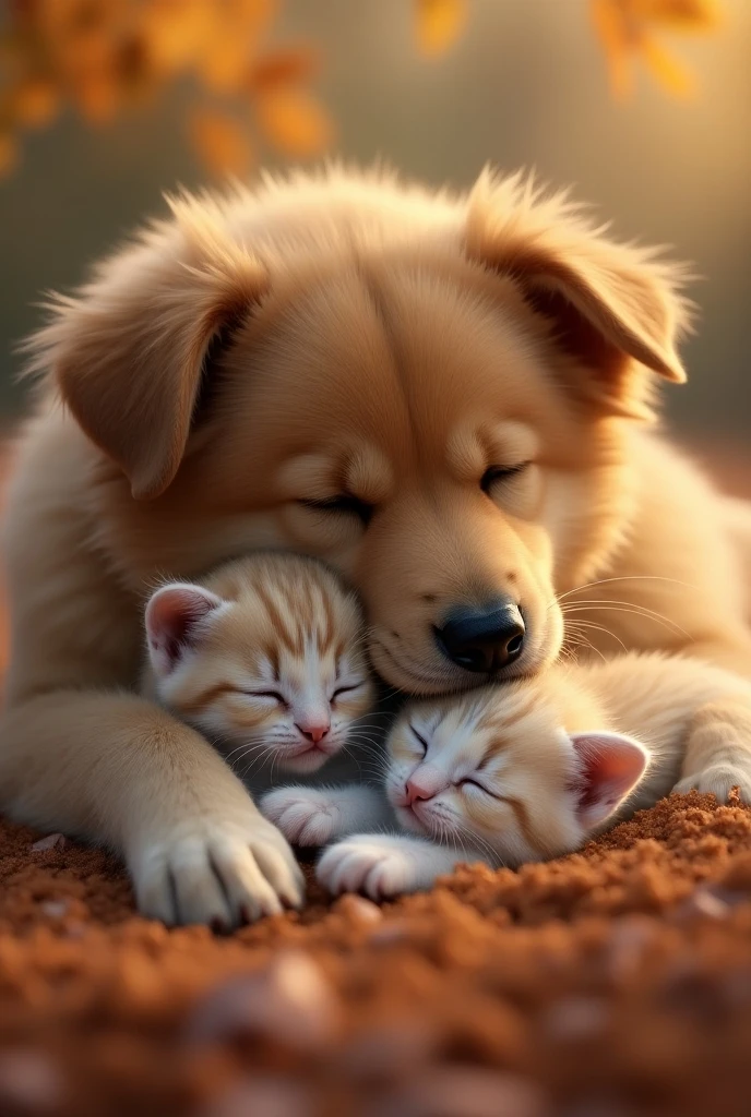 a large friendly dog cuddling two kittens sleeping peacefully, soft lighting, serene autumn afternoon, refined design, advanced lighting techniques, 8K quality, cinematic, detailed eyes, detailed nose, detailed lips, beautiful detailed face, long eyelashes, cute cat expression, fluffy fur, warm colors, depth of field, ambient occlusion, hyper realistic, photorealistic, volumetric lighting, natural composition