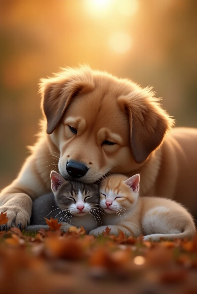 a large friendly dog cuddling two kittens sleeping peacefully, soft lighting, serene autumn afternoon, refined design, advanced lighting techniques, 8K quality, cinematic, detailed eyes, detailed nose, detailed lips, beautiful detailed face, long eyelashes, cute cat expression, fluffy fur, warm colors, depth of field, ambient occlusion, hyper realistic, photorealistic, volumetric lighting, natural composition