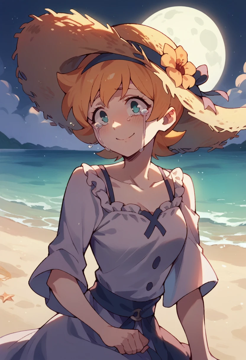  Lotte Jasson beautiful , with a beautiful dress,  and a beautiful straw hat, and a beautiful smile ,watching the moon, beautiful like her ,on the beach ,night,crying, Saying goodbye