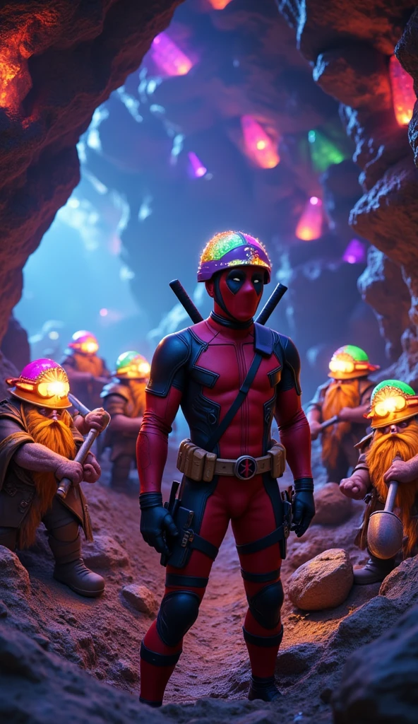  Superheroes deadpool and A group of miner dwarves are at work in a magical mine crystal.  They wear helmets with lights that emit colorful light , according to the type of crystal they are looking for .  Their bushy beards are decorated with sparkling crystal flakes ,  while their hammers and chisels tinkle breaking the rocks ."