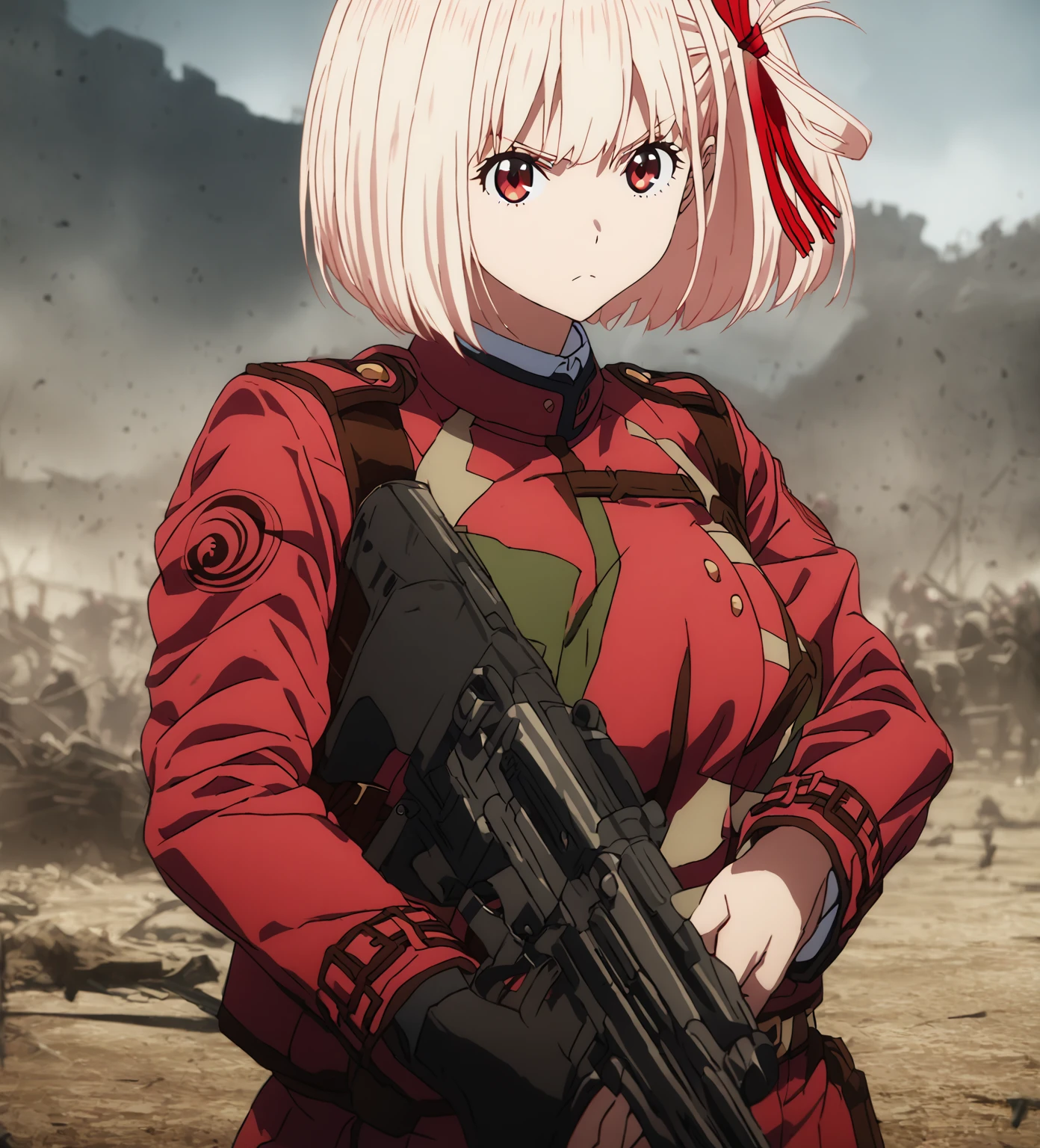 chisato nishikigi, short hair, bangs, blonde hair, red eyes, hair ribbon, one side up, bob cut, large breast, serious expression, combat uniform, green combat uniform, hold gun, battlefield, from front, looking viewer, wide shot, solo, alone, best quality, high quality, ultra-detailed, super detailed, high resoolution, hyper resolution, 8K, detailed background,