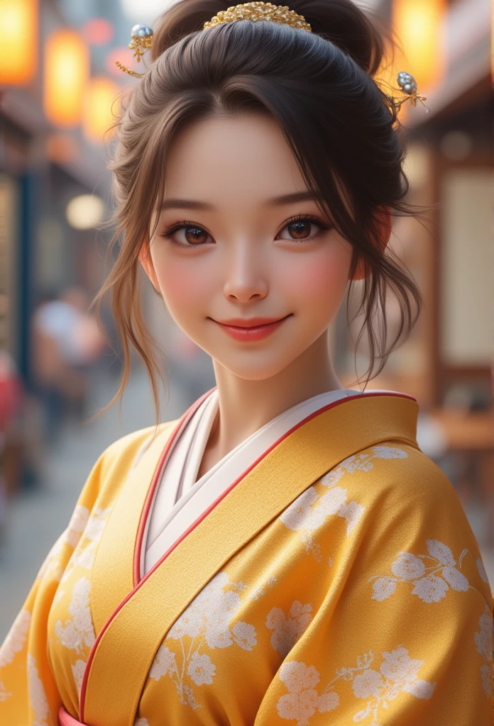 (super cute young face:1.4),(sparkling clear attractive large glowing eyes:1.3), (japanese idol face:1.3),very beautiful cute girl,(baby face:1.3),(fifteen years old:1.3),exquisite smooth and silky brown hair,fair skin,(happy cheerful smile),professional portrait,
(gorgeous flamboyantly gold-colored apprentice geisha costume :1.3), (apprentice geisha costume :1.3) ,(very beautiful kimono:1.2) ,happy cheerful smile,body shot,in the street