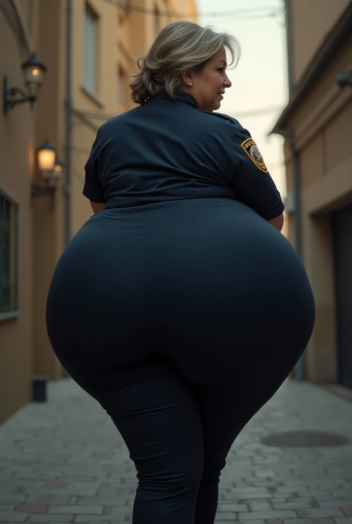 A beautiful stunning french police woman with a curvacious body ,curvy hips curvy body 1:37  walking  back view full view full figure         
 refer to image prompt only for her outfit skin she is wearing a tight black baniyan with police written in large bold letters and wearing a dark blue pants that shows her curvacious big ass and curvy hips curvy body 1:37                                                                                           she is walking to her home infront of her door  her  full body is seen 