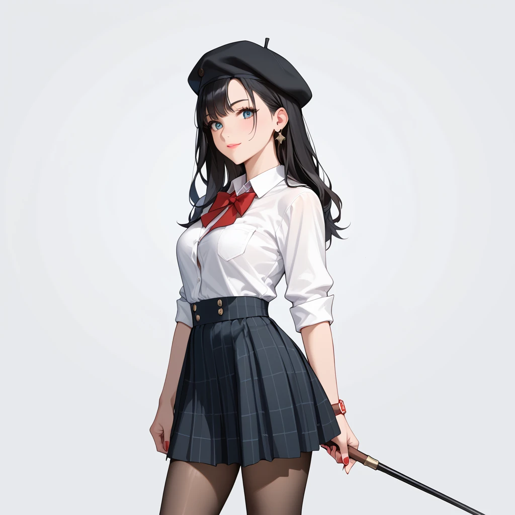  1 Girl, Black Hair,DETECTIVE SPIRIT,Check pattern,stroll,Beret。skirt,whole body