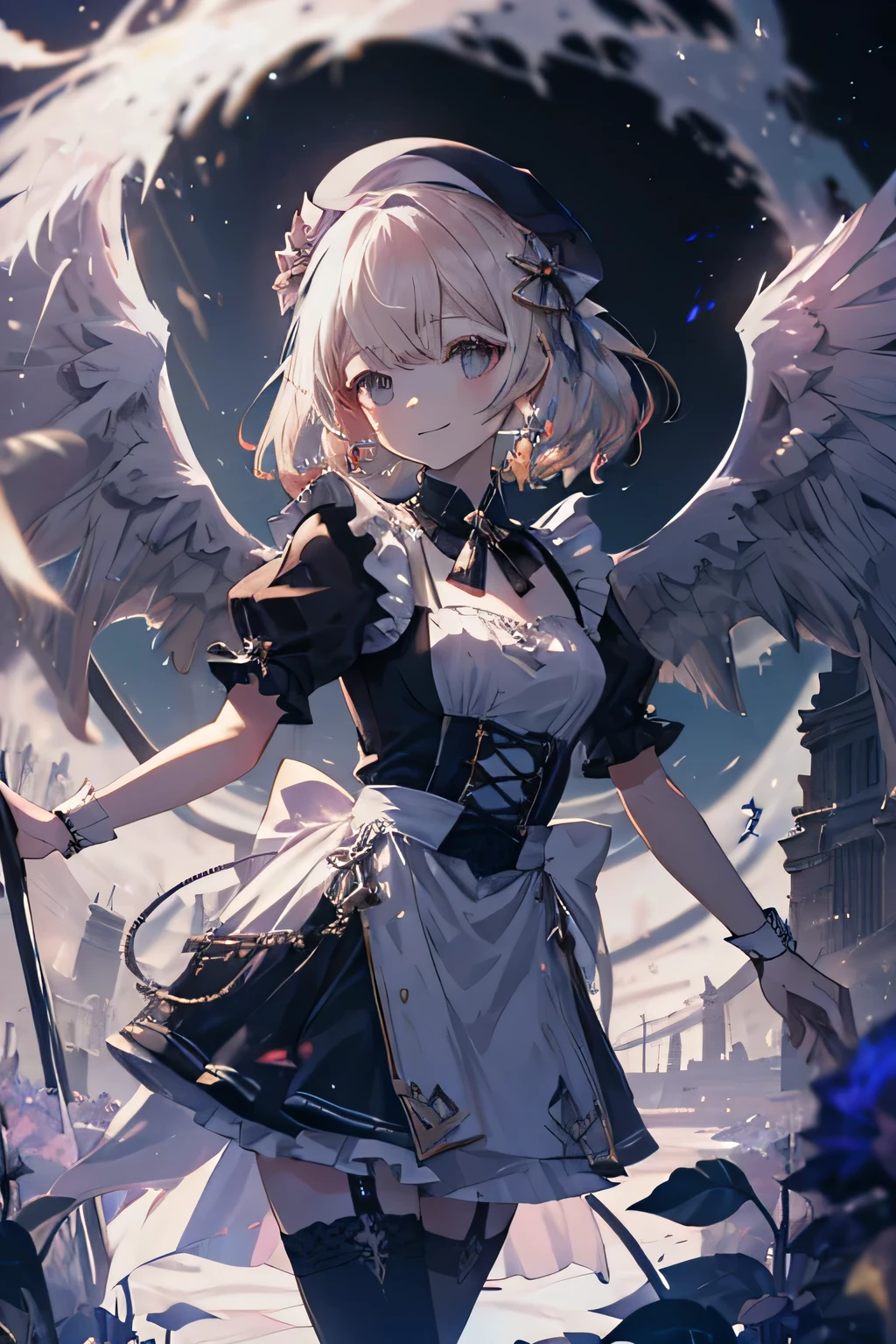 Maid without a headdress girl smiling , dentro de un MMORPG, Arm,  unknown background(MMORPG), Enemies, complete anatomy,white beret, angel wings, 3D,  ornament of an accessory shaped like a flower on her head, aura, graphic effects, first person
