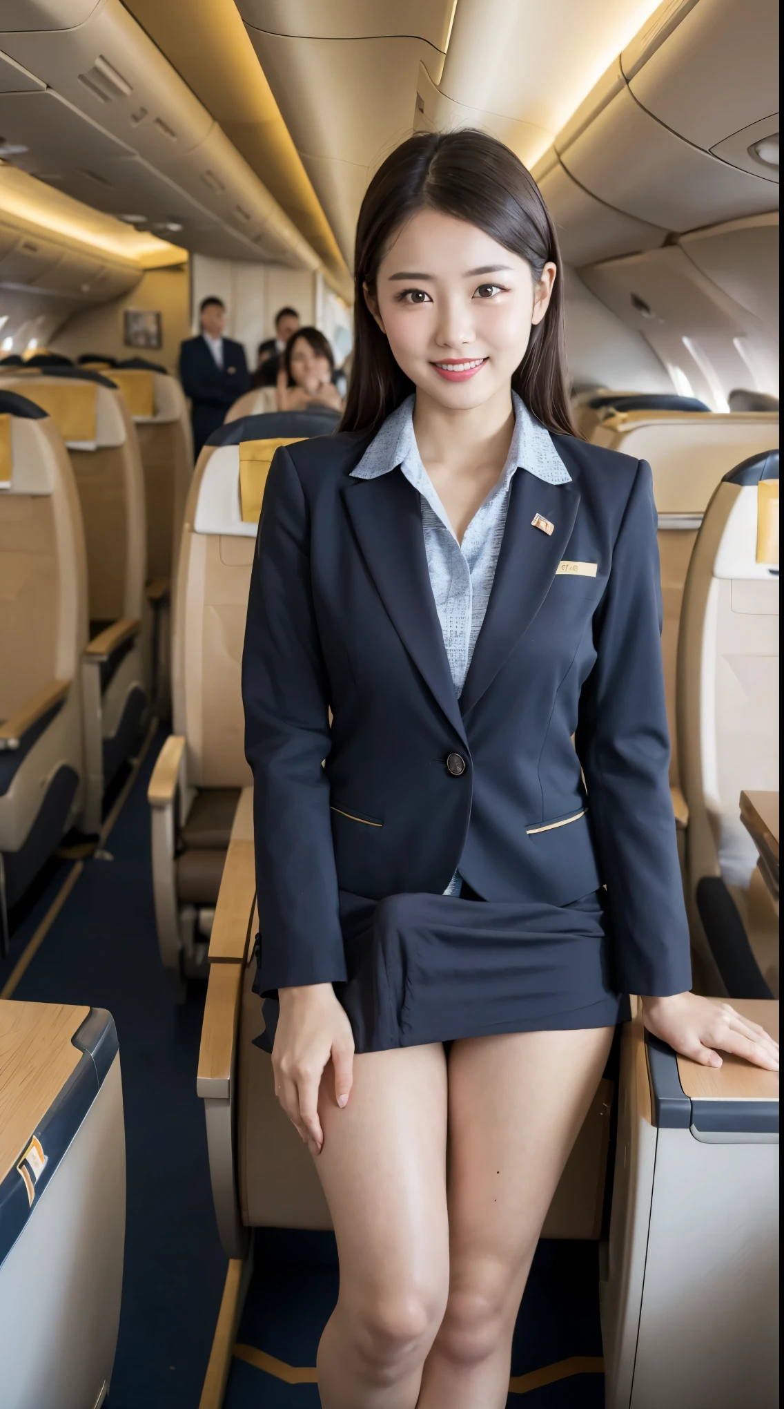 Best Quality、 table top to cover upper arms、8k、Highest quality、Award-winning works), Two beautiful women、 Glowing Beautiful Skin , masterpiece、top-quality、 ultra-fine、 depth of field 、 lens flare 1 girl、、Brown Hair, staring at the viewer's gaze ,Small breasts , Stewardess Uniform, ( Stewardess Blazer:1.3), shirt, short skirt , ( black high heels, Sit on the jump seat, View from the front, Sit with your feet together, smile , Airplane cabin, (Erection under clothes), White Panties :1.8