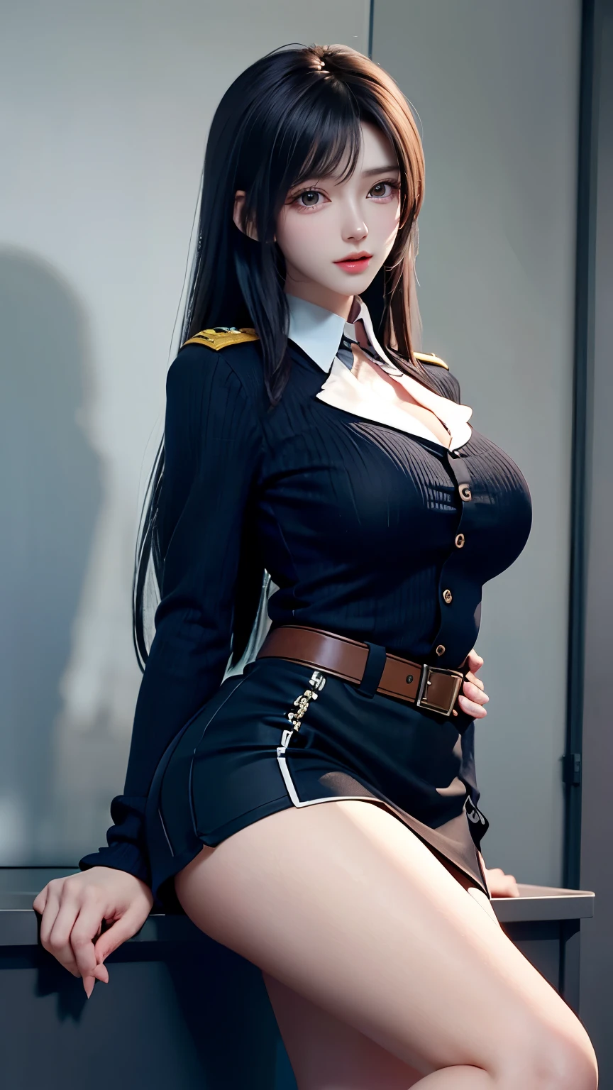 Ultra realistic illustration, looking down, azumafubukimanga, (blue eyes:1.5), hair covering one eye, 1girl, solo, gloves, cleavage, large breast, white gloves, belt, thighhighs, cleavage cutout, black hair, clothing cutout, looking at viewer, epaulettes, uniform, pelvic curtain, military uniform, military, white ribbon, (mature female:1.5), huge ass, thick thighs, (Sitting with hands around ankles:1.5), (gigantic breasts:1.5), (evil smile:1.5), hyperrealistic, dramatic, pixabay, sharp focus, vivid, cinematic lighting, (extremely detailed), (depth of field:1.5), low angle shot