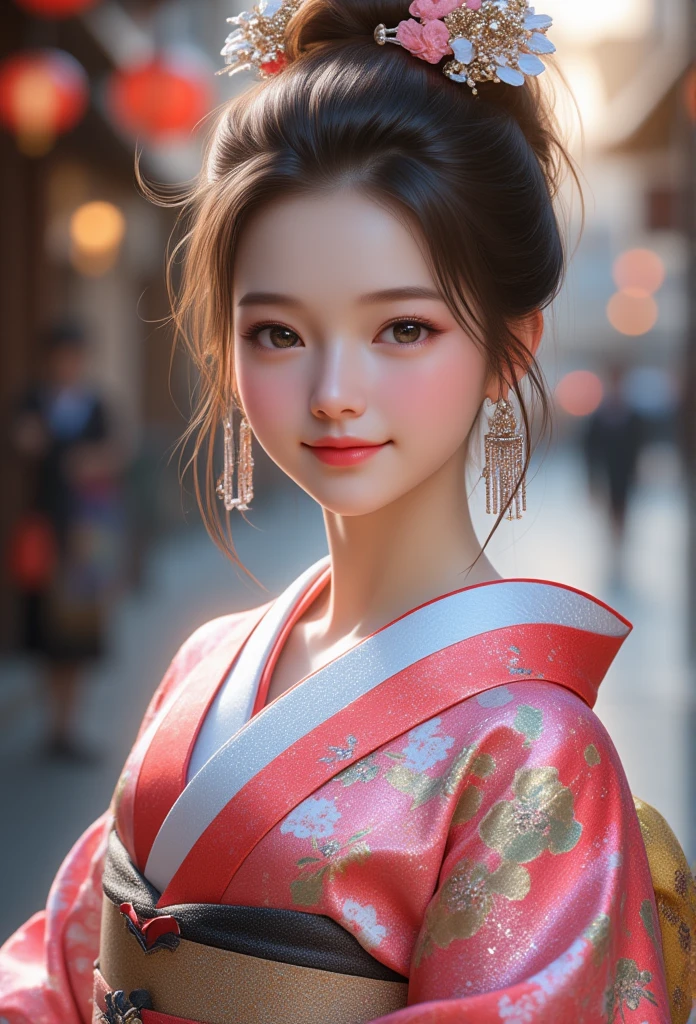 (super cute young face:1.4),(sparkling clear attractive large glowing eyes:1.3), (japanese idol face:1.3),very beautiful cute girl,(baby face:1.3),(fifteen years old:1.3),exquisite smooth and silky brown hair,fair skin,(happy cheerful smile),professional portrait,
(gorgeous flamboyantly metallic silver-colored apprentice geisha costume :1.3), (apprentice geisha costume :1.3) ,(very beautiful kimono:1.2) ,happy cheerful smile,body shot,in the street