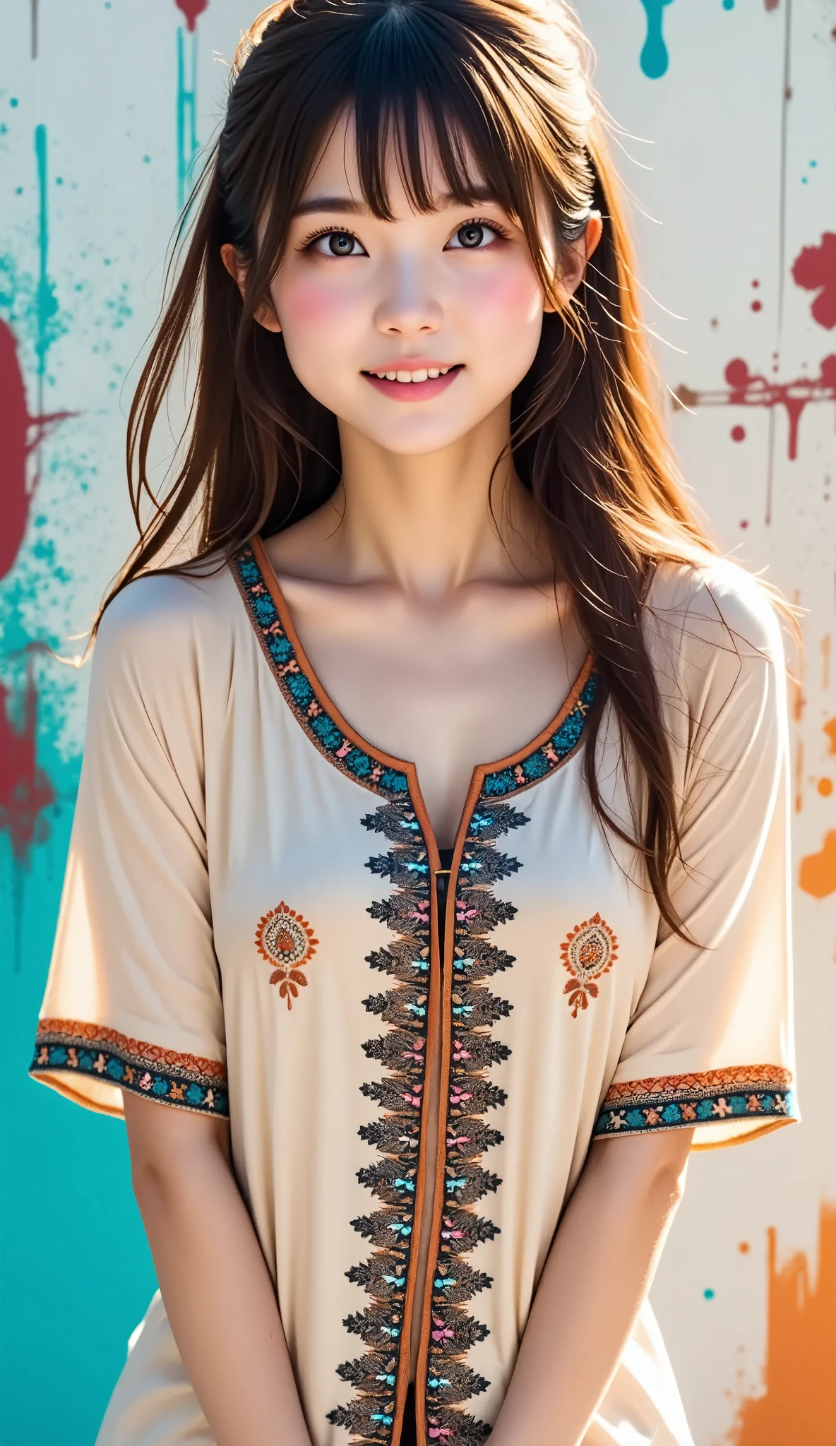 (((background、backgroundに水彩画の水しぶき:1.37、 spray paint effect with splashes of water on background, Hiroshige Utagawa)))、break、 RAW photo、 Realistic Picture 、 Realistic 、 Stand 、 One Girl Doing Pranks、Long Hair、Model pose、 small breasts、 very cute 、(((smile:0.2)))、民族衣装的チュニック