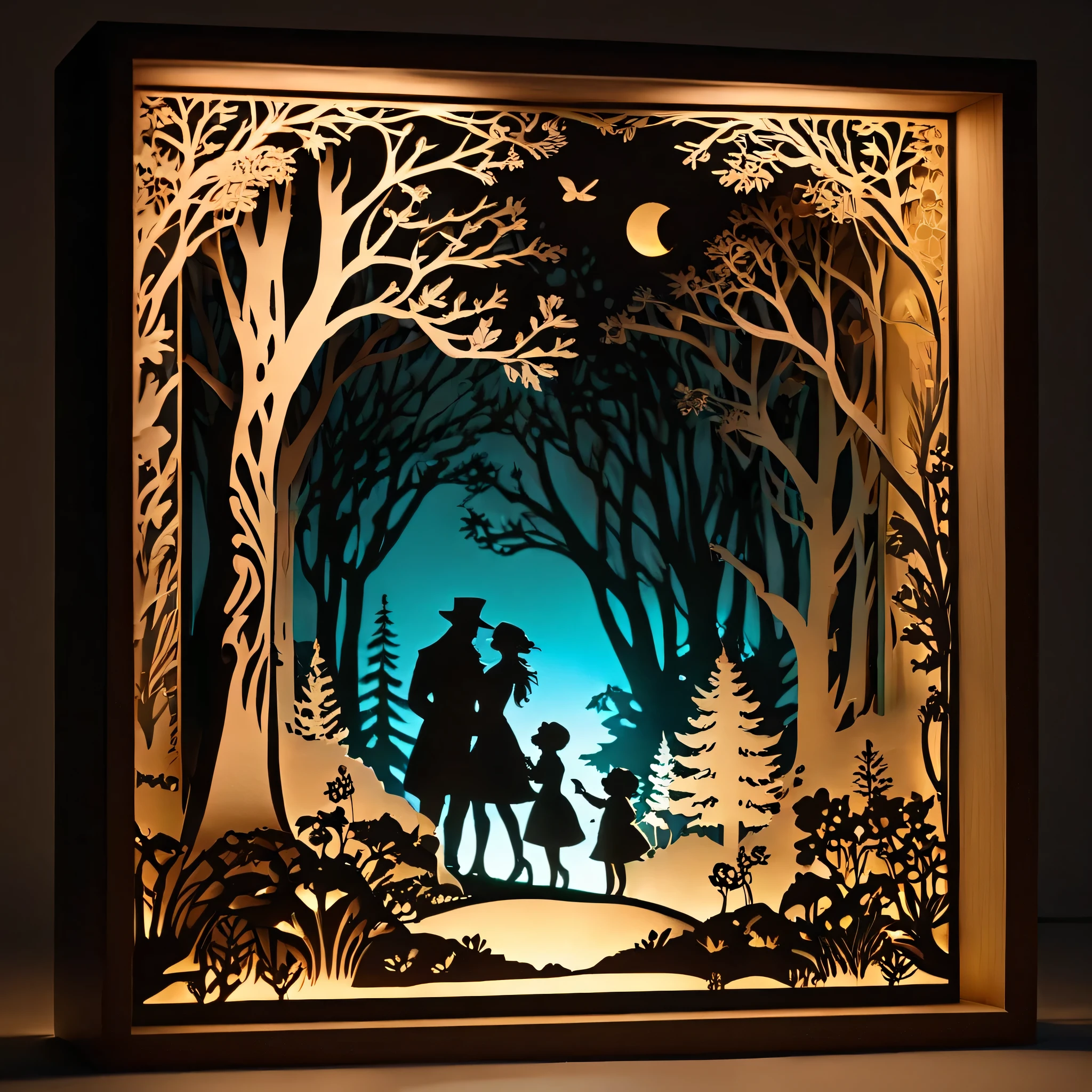 Photorealistic, fantasy, romance, story, layered Papercutting. Shadowbox. Layered, Fine details. Professional art. Augmented projection mapped lighting showing lifelike microscopic details. laser etched detail. Storytelling craft.lightbox design