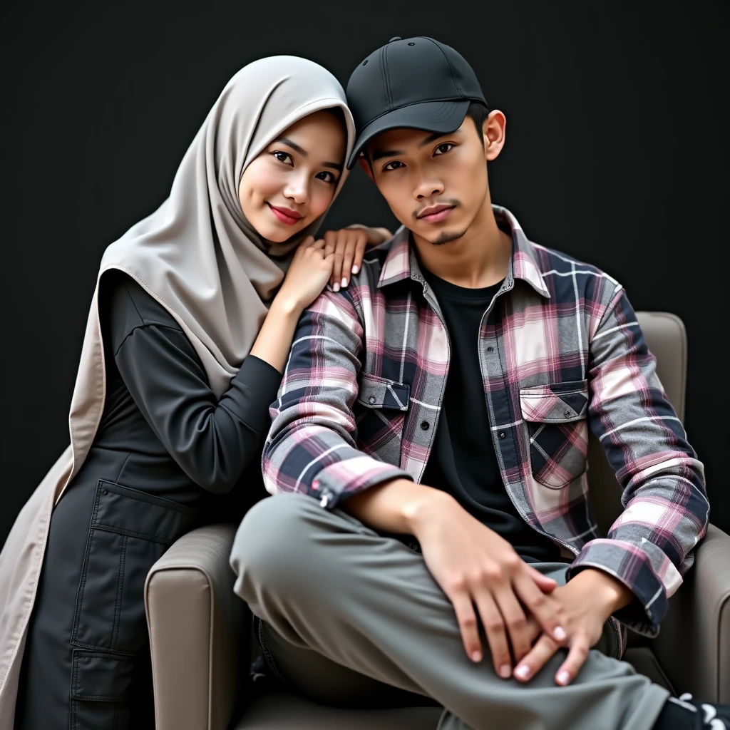 A handsome Indonesian young man is sitting on a red sofa, taking a photo together with a 22 year old Indonesian blue hijab woman posing in front of a white background, best quality, realistic, sharp focus, realistic face, detailed face, unity 8k wallpaper, very high resolution, He is looking at the audience