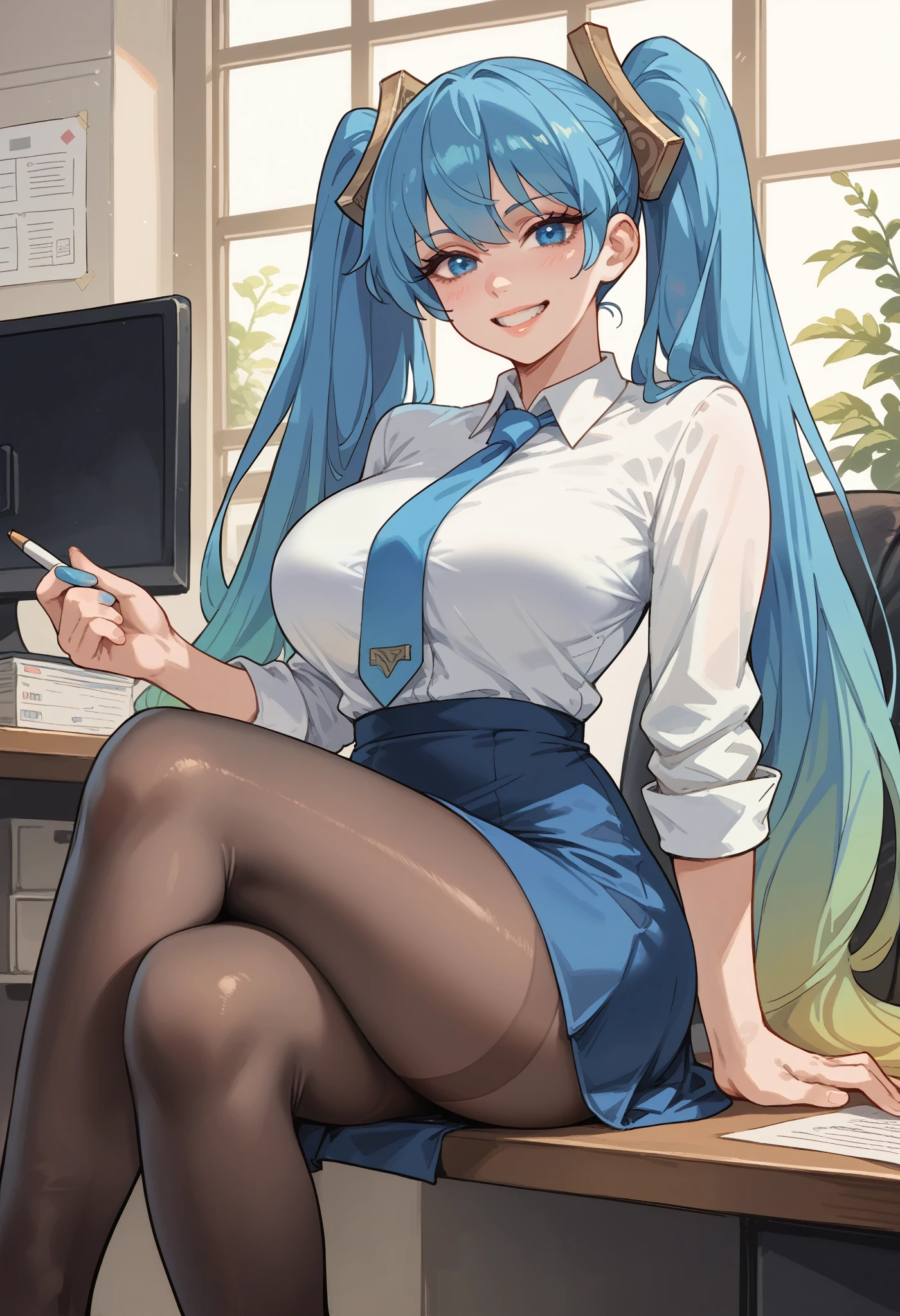 masterpiece, best quality, 1girl, sona buvelle, anime, sitting, blue hair, twintails, blue eyes, looking at viewer, at office, semitransparent blouse, blue tie, blue skirt, pantyhose, black pantyhose, detailed skin texture, detailed cloth texture, beautiful detailed face, seductive grin, huge breasts, braless