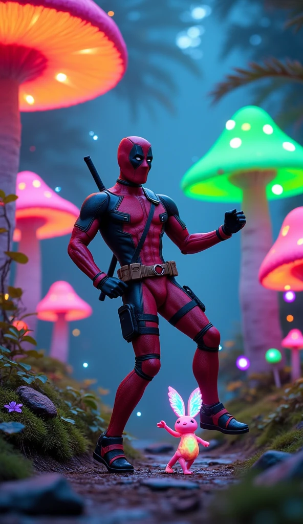  Superhero deadpool and tiny winged creature with glowing bodies are dancing among the colorful giant mushrooms in the magic forest.  The light emitted by its body changes color according to its movements ,  creating a mesmerizing light show .  Fireflies fly around it , adds to the magic of the scenery ."