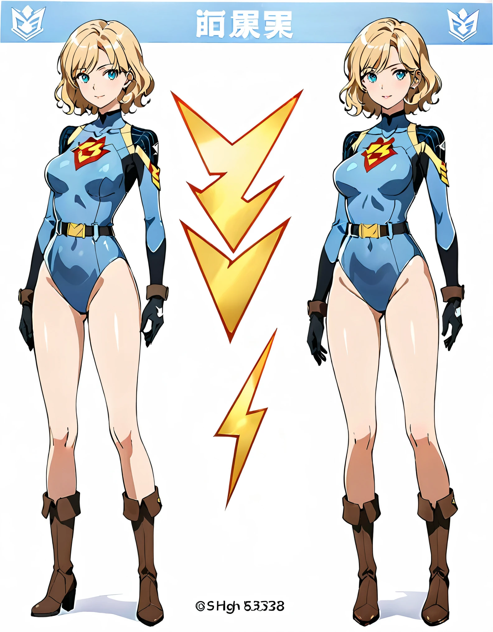 masterpiece, best quality, hires, 1girl, equal height, finger proportions coordination, medium breasts, ((leotard, light blue leotard, lighting bolt \(emblem\) on chest, (high-waisted fastened tight belt:1.2))), long sleeves, (bare legs), black boots, matching boots, black gloves, solo, single, standing, superhero, beautiful detailed eyes, beautiful detailed face, blonde hair, (short hair), wavy hair, mature lady, teacher, perfect body. Simple background, Multiple Views, Character Sheet Full-Length.