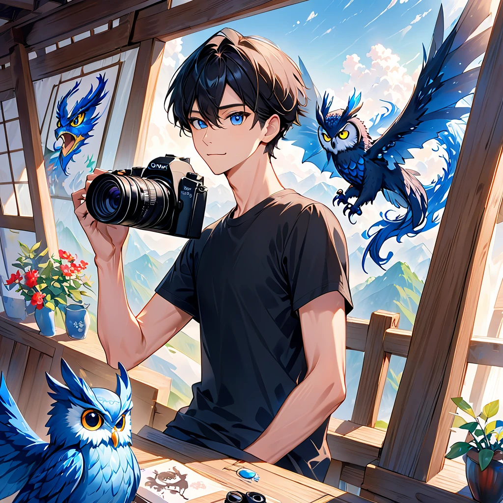 An adultmale in his 30s wearing plain black t-shirt 。The hair is pretty short and black 。Slim and tall。I'm taking a picture of an adorable owl with a black camera 。with a blue dragon swirling in the background 。 colorful ink painting based on blue。