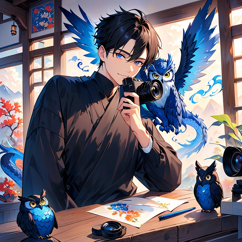 An adult male in his 30s wearing plain black long sleeves。Hair is black and short 。I'm taking a picture of an adorable owl with a black camera。 with a blue dragon swirling in the background 。 colorful ink painting based on blue。