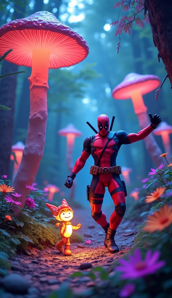  Superhero deadpool and tiny winged creature with glowing bodies are dancing among the colorful giant mushrooms in the magic forest.  The light emitted by its body changes color according to its movements ,  creating a mesmerizing light show .  Fireflies fly around it , adds to the magic of the scenery ."