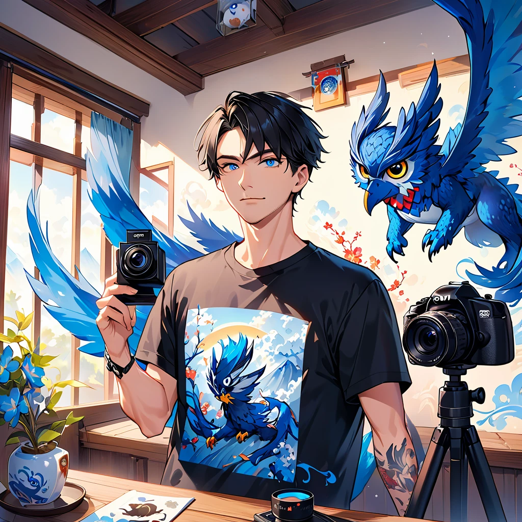 An adult male in his 30s wearing plain black t-shirt。Hair is black and short 。I'm taking a picture of an adorable owl with a black camera。 with a blue dragon swirling in the background 。 colorful ink painting based on blue。