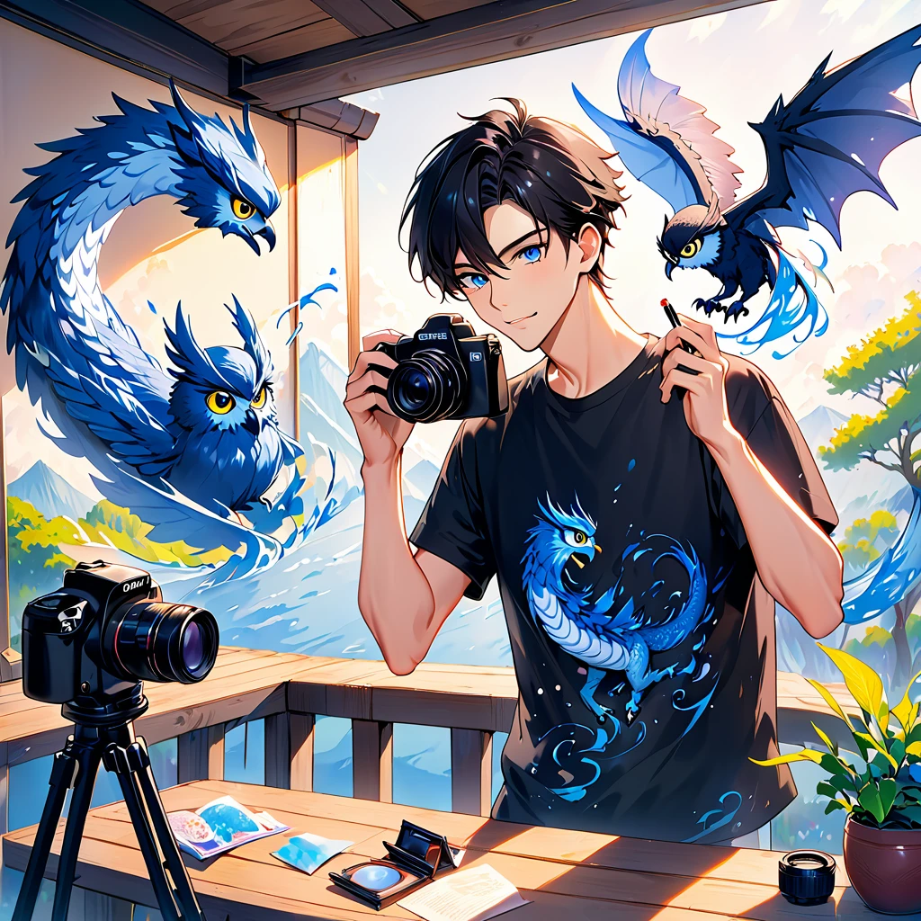 An adultmale in his 30s wearing plain black t-shirt 。The hair is pretty short and black 。Slim and tall。I'm taking a picture of an adorable owl with a black camera 。with a blue dragon swirling in the background 。 colorful ink painting based on blue。