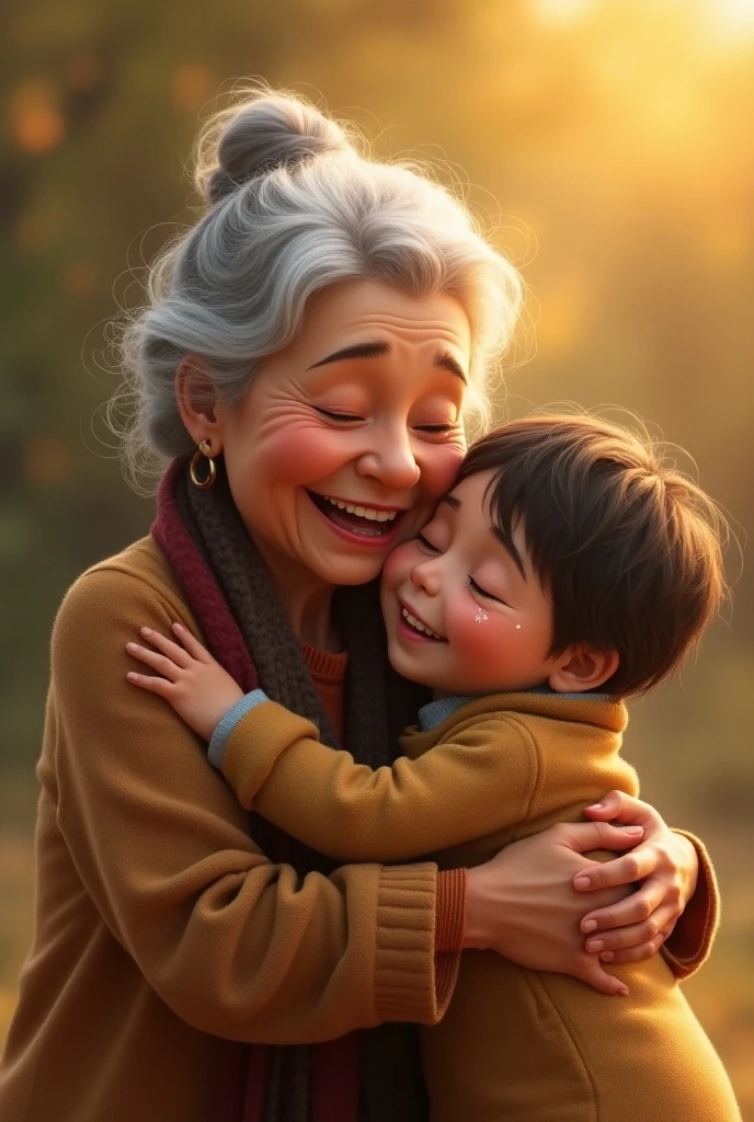 a grandmother and small grand embracing, grandmother overjoyed at the reunion, grandmother crying with a smile, heartwarming family scene, refined design, advanced lighting techniques, 8K quality