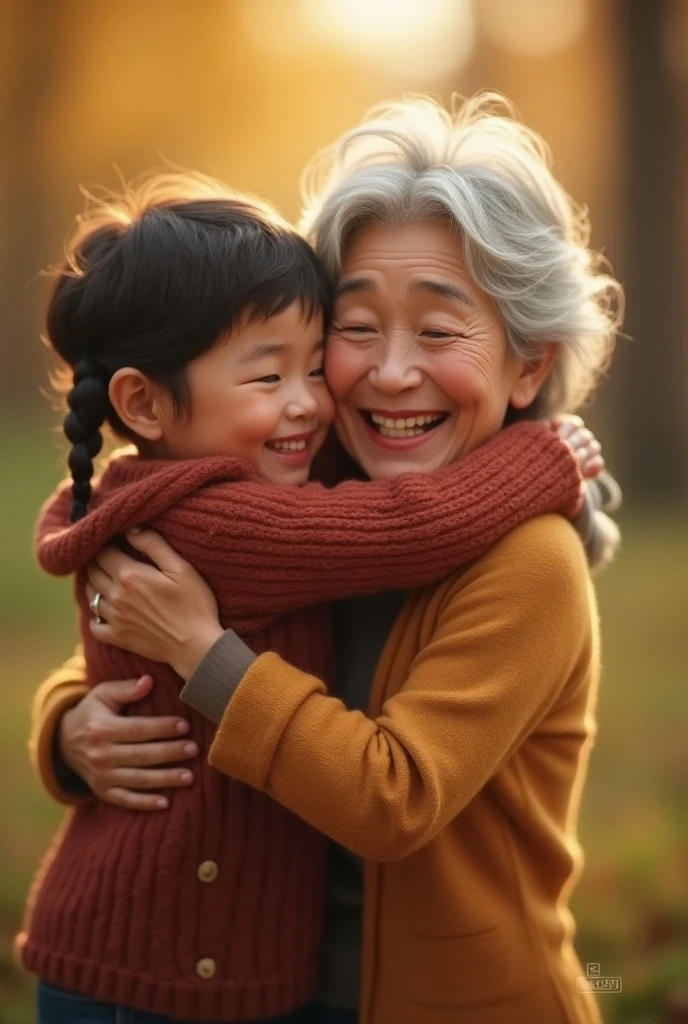 a grandmother and small grand embracing, grandmother overjoyed at the reunion, grandmother crying with a smile, heartwarming family scene, refined design, advanced lighting techniques, 8K quality