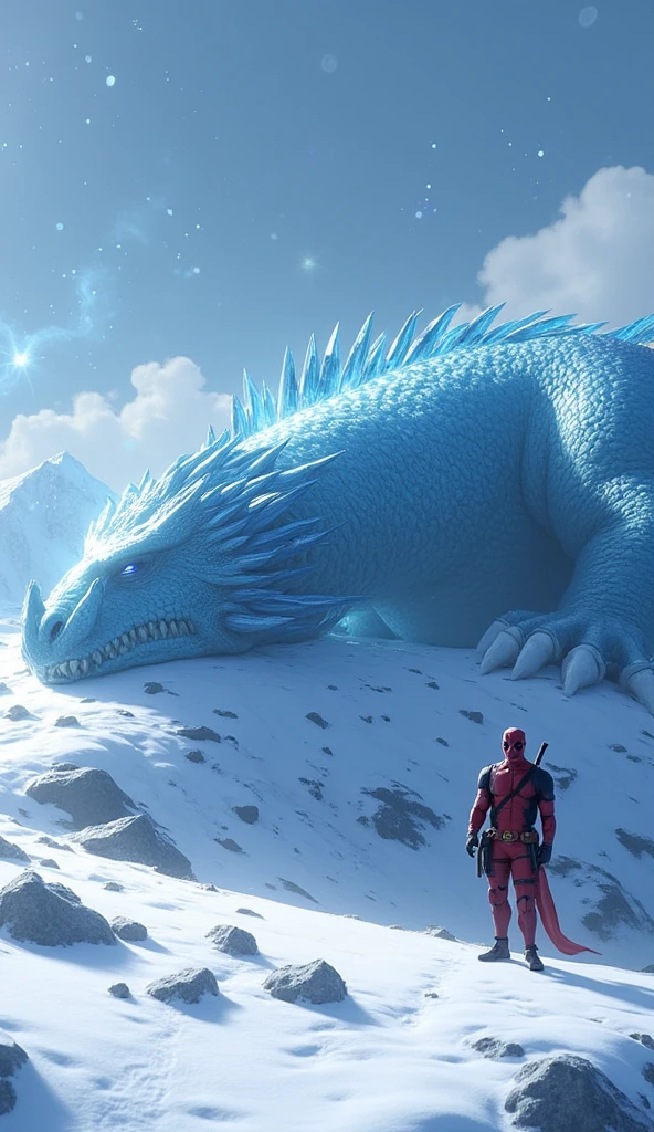  Superhero deadpool and A giant sized ice dragon was sleeping on a frozen mountaintop. His scales glistened like crystals ,  and every breath of his breath produced a puff of cold steam . Around her ,  snow fell slowly and formed a beautiful ice pile ."