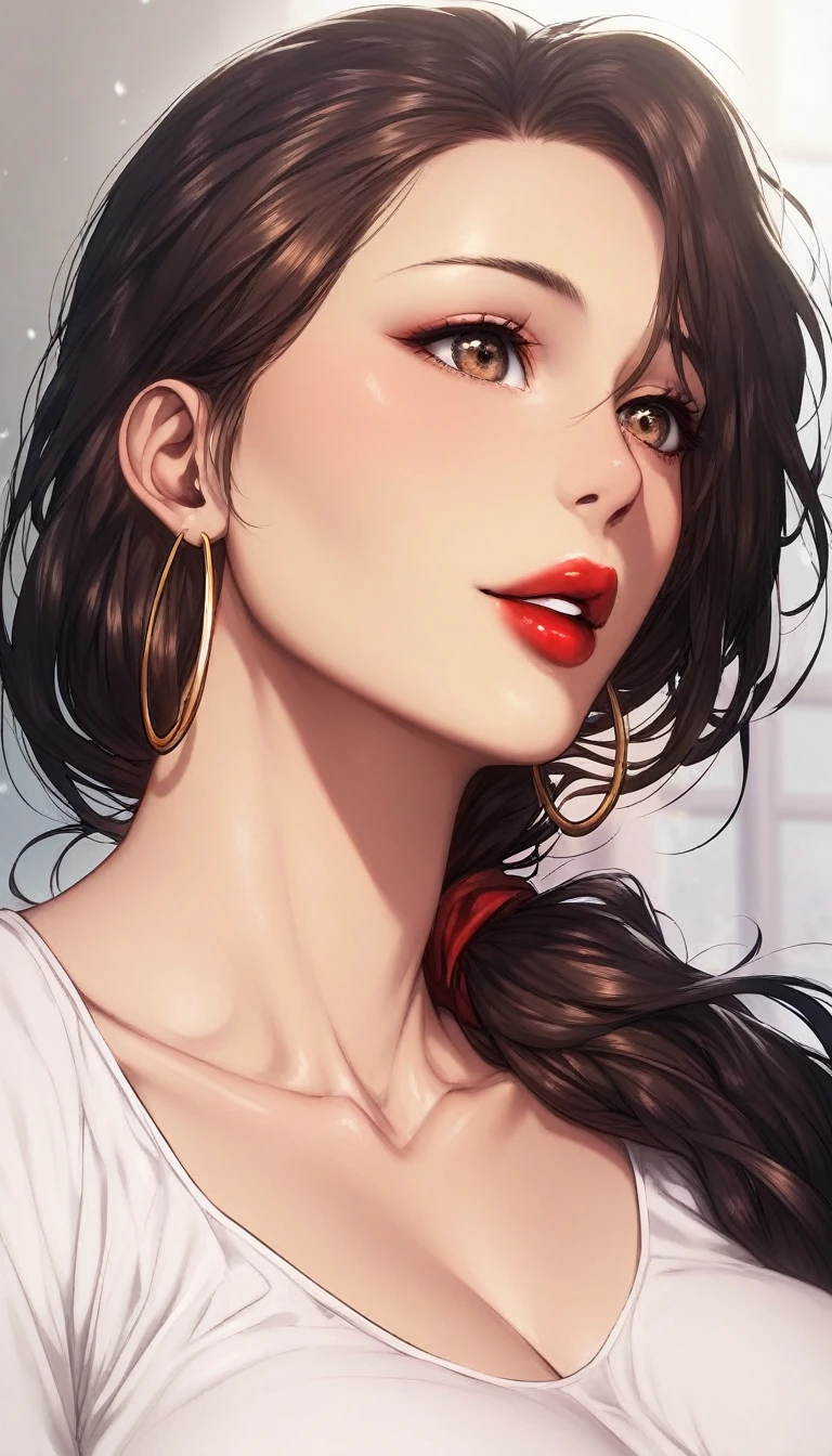 Hot beautiful sexy milf , red lipstick, long shiny oversized hoops Earrings, medium saggy breasts , brown hair , low ponytail,bracelet ,detailed, detailed brown eyes, curvy body  ,manhwa style,body moving motion ,detailed eyes,manhwa page,manhwa art style , white tshirt, bottomless,bed,