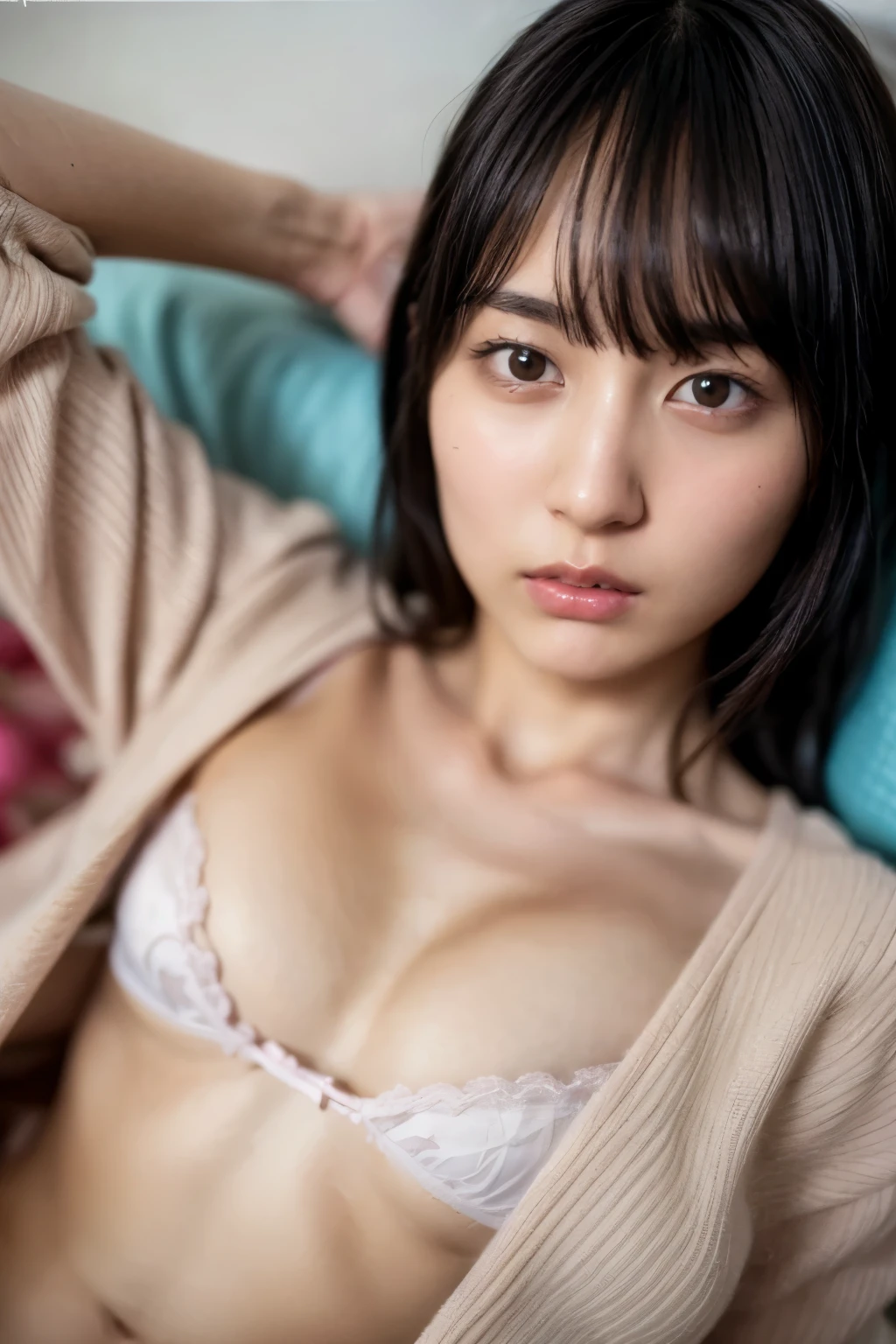 high resolution photography of a cute Japanese girl, realistic, photo-realistic, best quality, masterpiece, 8k raw photo, high definition, complicated details, extremely detailed, professional lighting, dynamic lighting, bright color, rich born, key visual, membrane, sharp focus, solo, 1girl on back, lying in a bed, close up photo, facing the camera, open pajamas, unbuttoned pajamas, (flat chest:1.4), chest exposed, showing bra, shy, blush, perfect face, perfect eyes, beautiful and expressive eyes, make-up-less,  (detailed face, detailed eyes, sophisticated nose), indoors, bedroom,