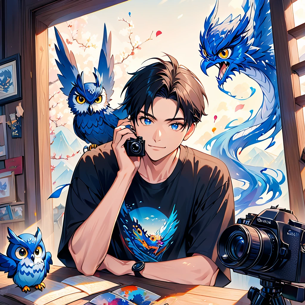 An adult male in his 30s wearing plain black t-shirt。Hair is black and short 。I'm taking a picture of an adorable owl with a black camera。 with a blue dragon swirling in the background 。 colorful ink painting based on blue。