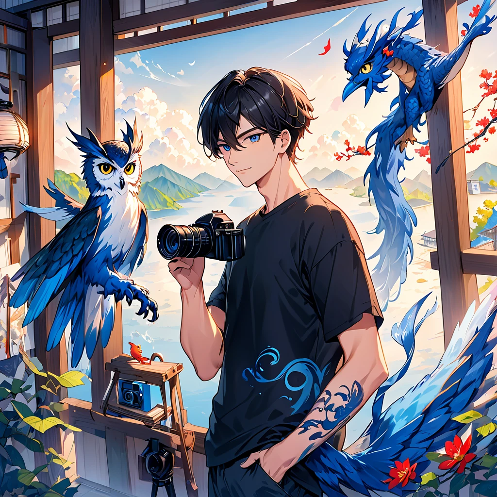 An adultmale in his 30s wearing plain black t-shirt 。The hair is pretty short and black 。Slim and tall。I'm taking a picture of an adorable owl with a black camera 。with a blue dragon swirling in the background 。 colorful ink painting based on blue。