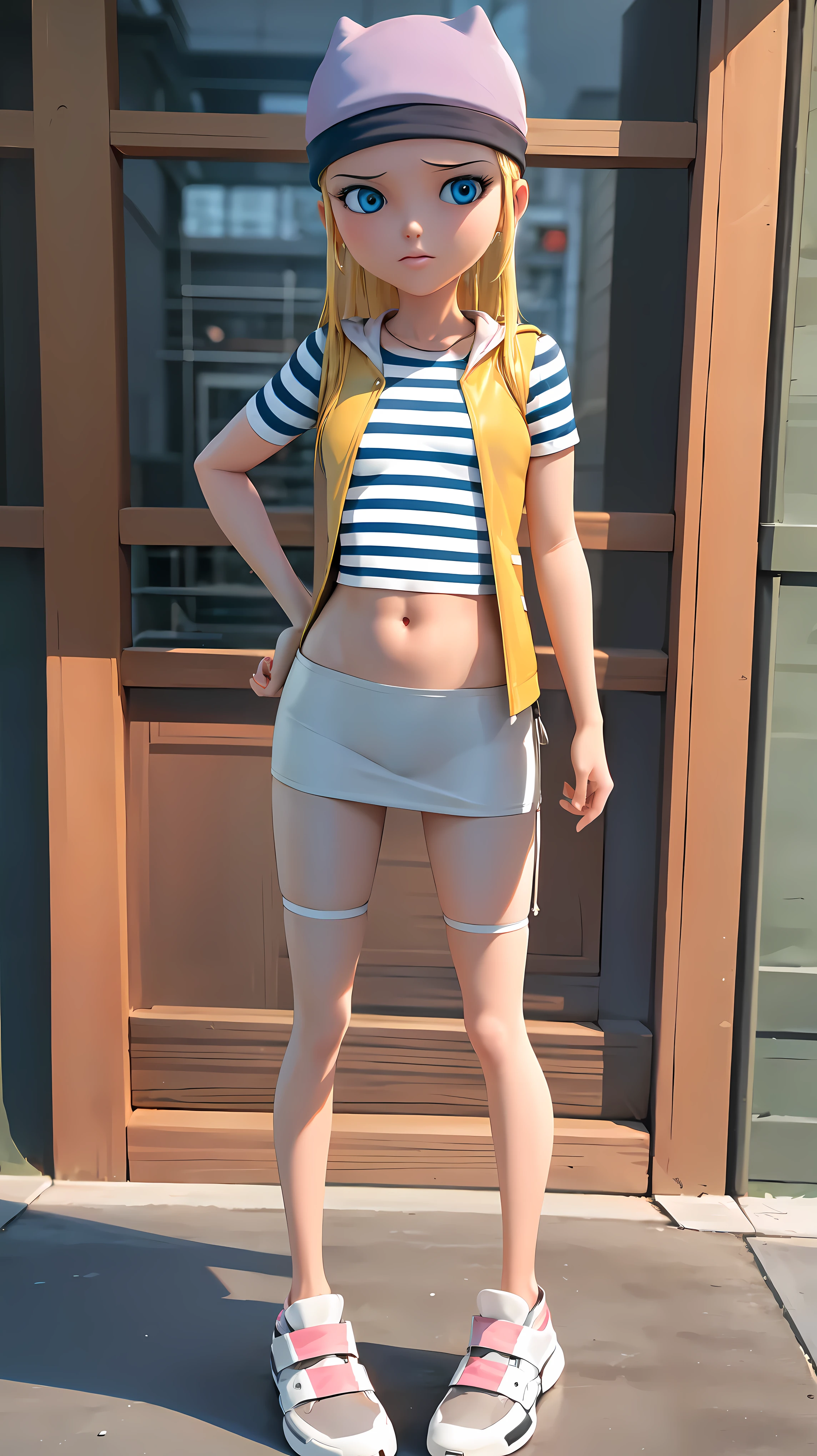 (8k, RAW photo, best quality, masterpiece:1.2), (intricate details), highres, perfect eyes, perfect face, perfect lighting, beautiful, (masterpiece:1.2), (best quality:1.2), 1girl, solo, chloe, blue eyes, blonde, sunglasses on the head, yellow beanie, yellow vest, white miniskirt, black white striped shirt, long yellow socks, navel shirt, white sneakers