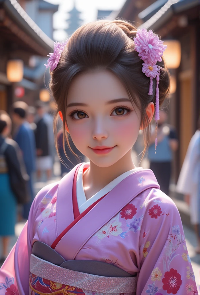 (super cute young face:1.4),(sparkling clear attractive large glowing eyes:1.3), (japanese idol face:1.3),very beautiful cute girl,(baby face:1.3),(fifteen years old:1.3),exquisite smooth and silky brown hair,fair skin,(happy cheerful smile),professional portrait,
(gorgeous flamboyantly purple-colored apprentice geisha costume :1.3), (apprentice geisha costume :1.3) ,(very beautiful kimono:1.2) ,happy cheerful smile,body shot,in the street kyoto