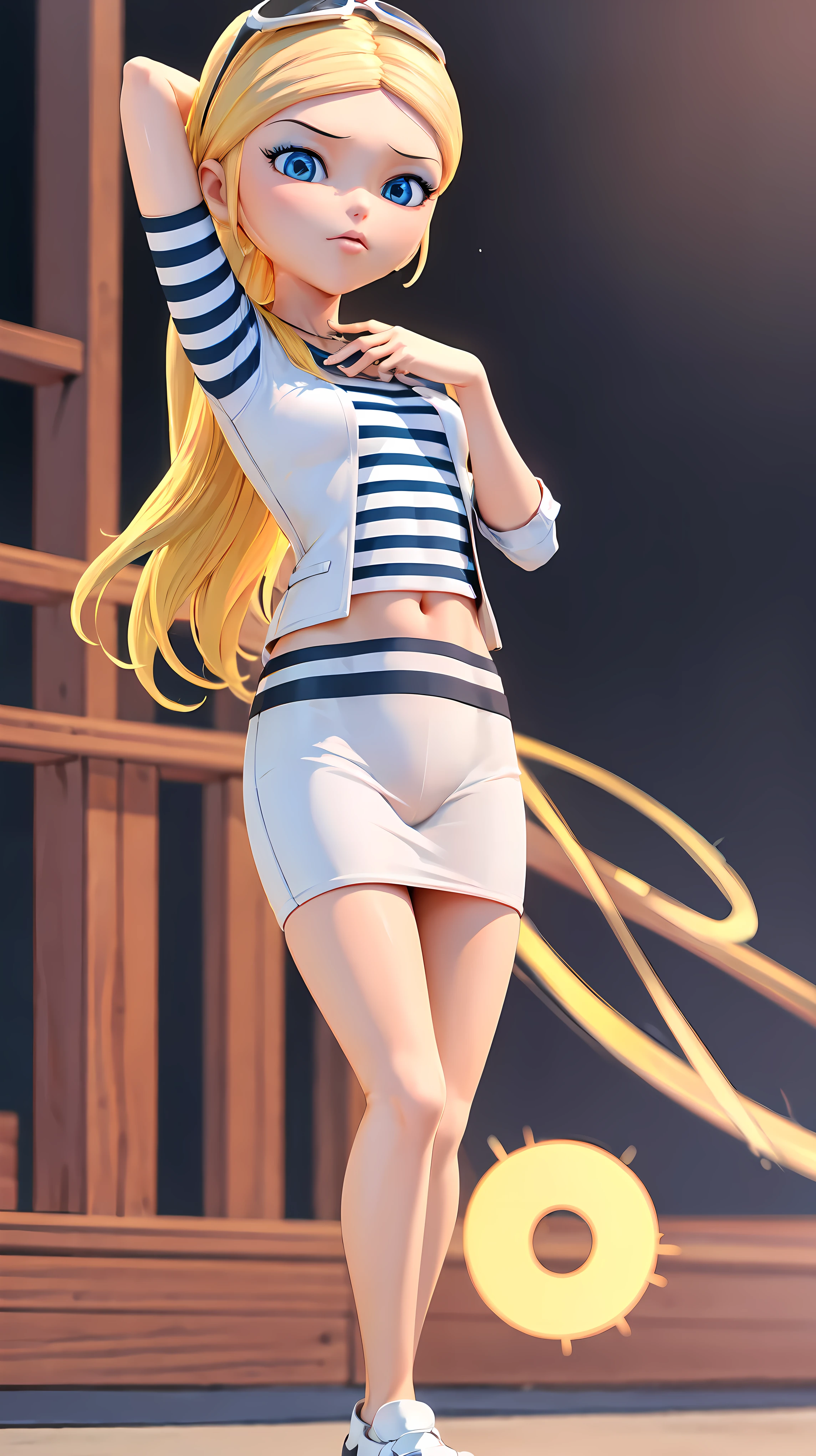 (8k, RAW photo, best quality, masterpiece:1.2), (intricate details), highres, perfect eyes, perfect face, perfect lighting, beautiful, (masterpiece:1.2), (best quality:1.2), 1girl, solo, chloe, blue eyes, blonde, sunglasses on the head, yellow beanie, yellow vest, white miniskirt, black white striped shirt, long yellow socks, navel shirt, white sneakers