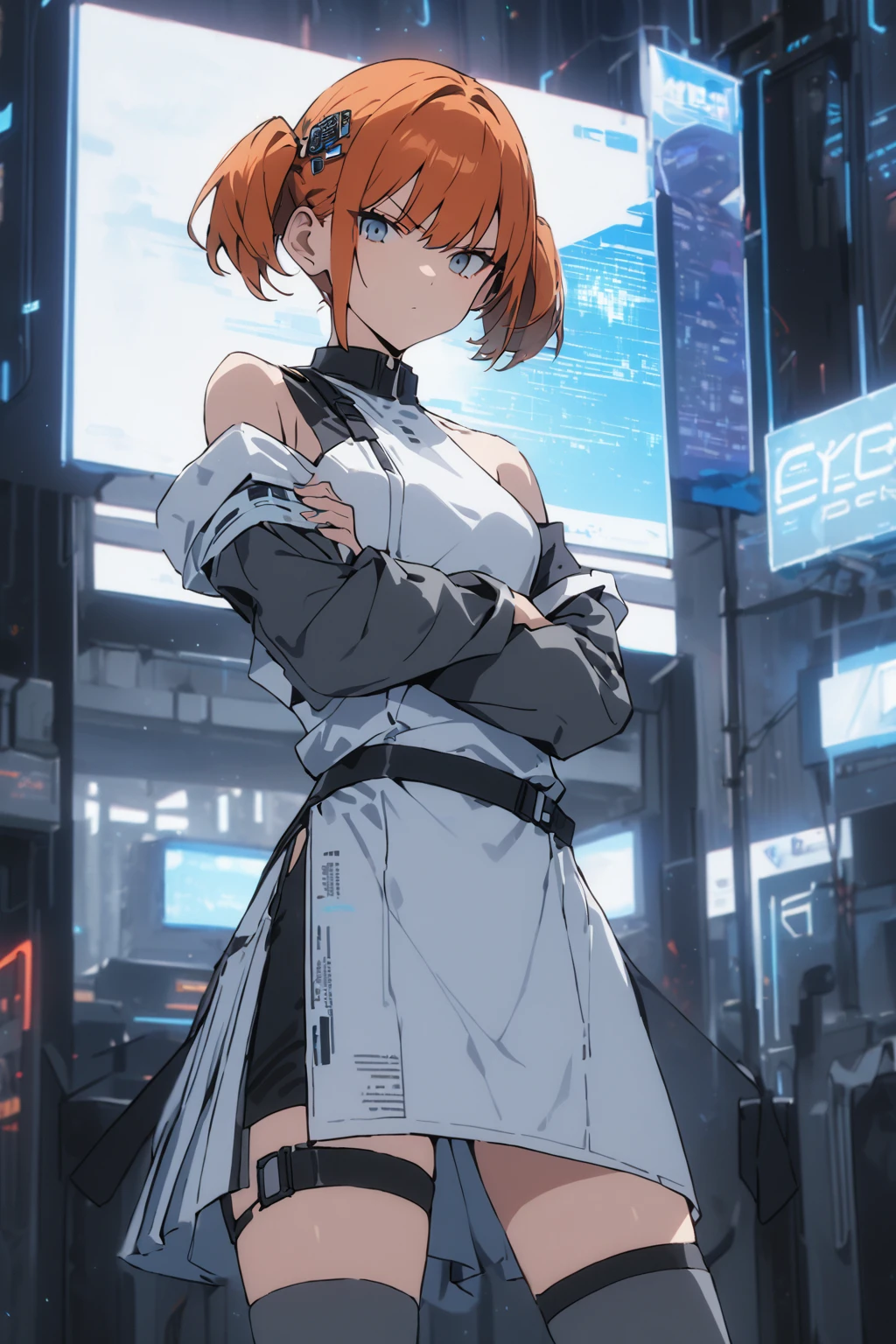 masterpiece,best quality,1girl,dscs-nokia,short hair,orange hair,short twintails,hair ornament,sideless dress,white dress with black decoration,gray thighhighs,thigh strap,standing,(crossed arms),legs apart,serious,wind,looking at viewer,cyberspace,blue neon lights,cowboy shot,((bare shoulder)),wearing white tight boots,